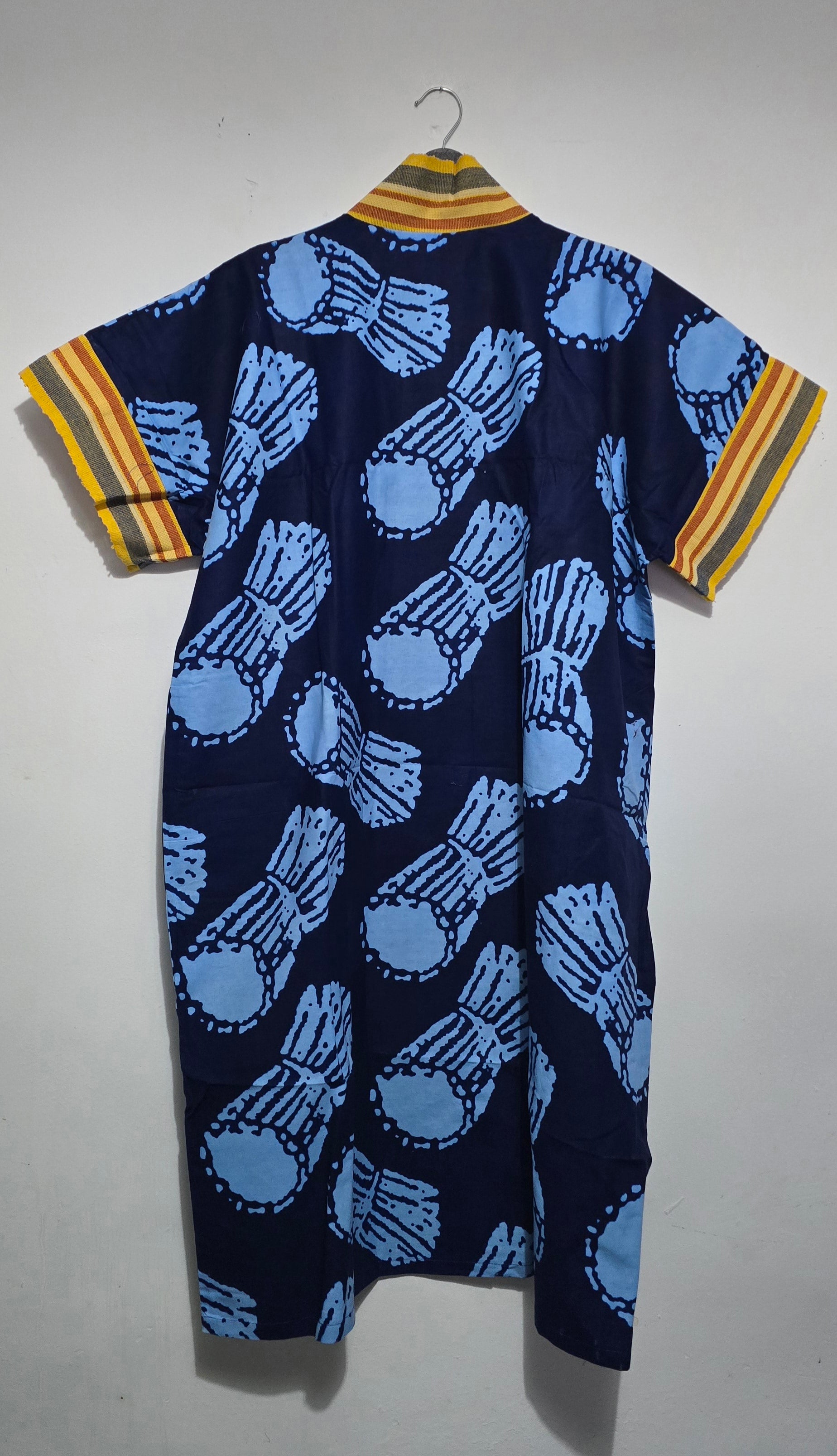 Indigo Drum Print Kaftan – Woven Trim