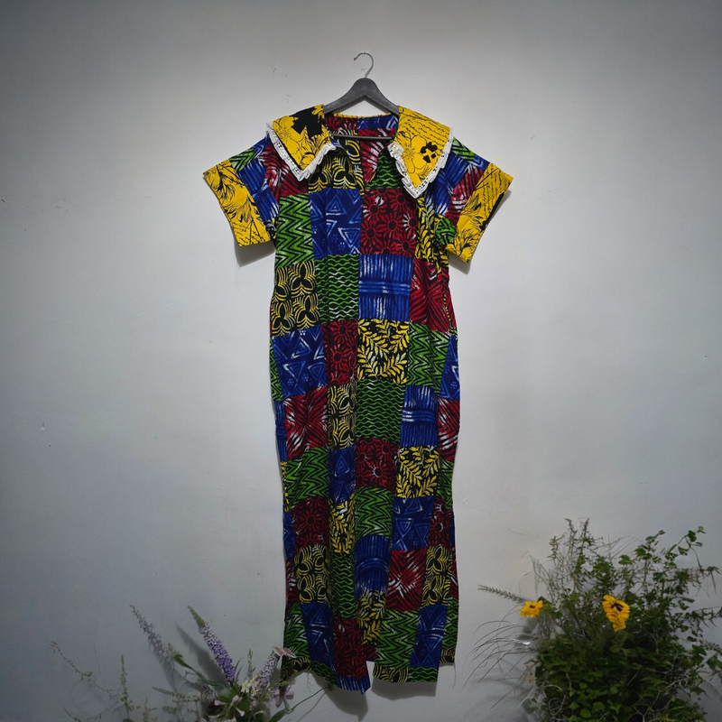 Lace-Collar Patchwork Kaftan Dress