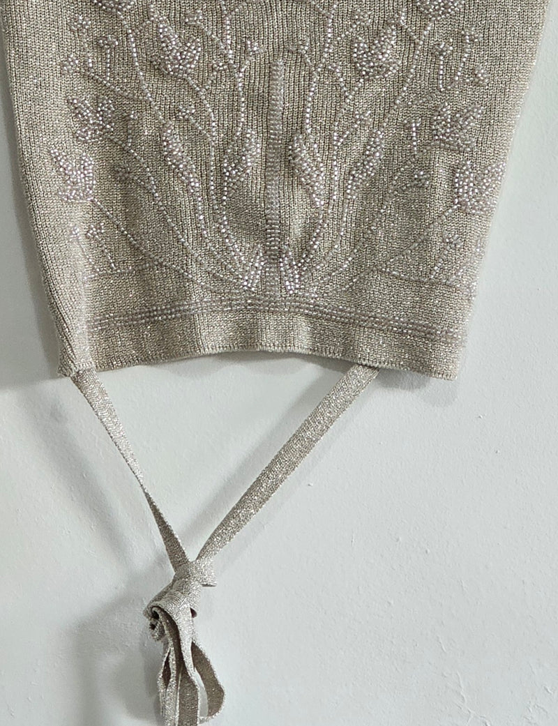 ZARA Metallic Knit Embellished Crop Top with Back Tie – Women’s Short Sleeve