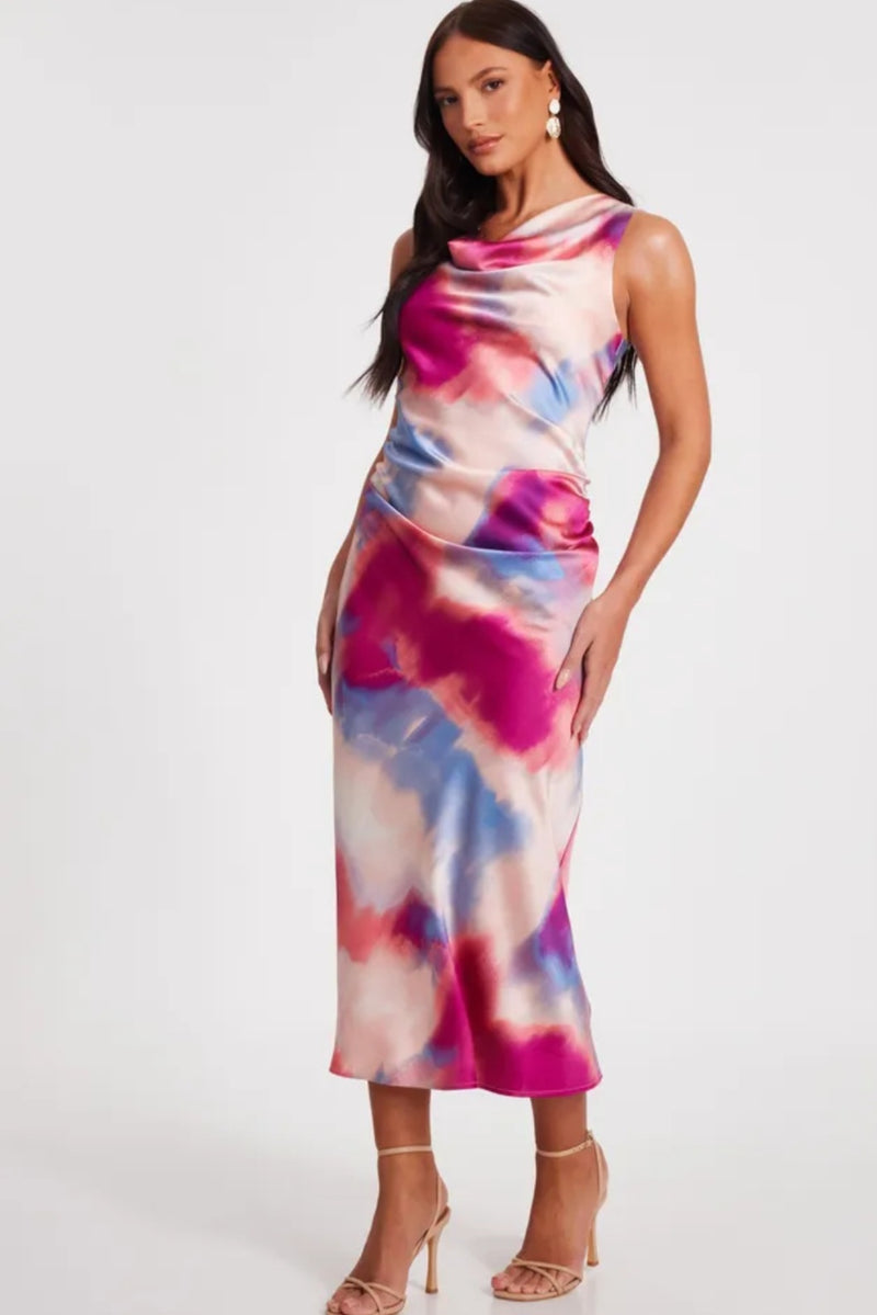 Quiz Pink Satin Tie Dye Midi Dress | Size 16