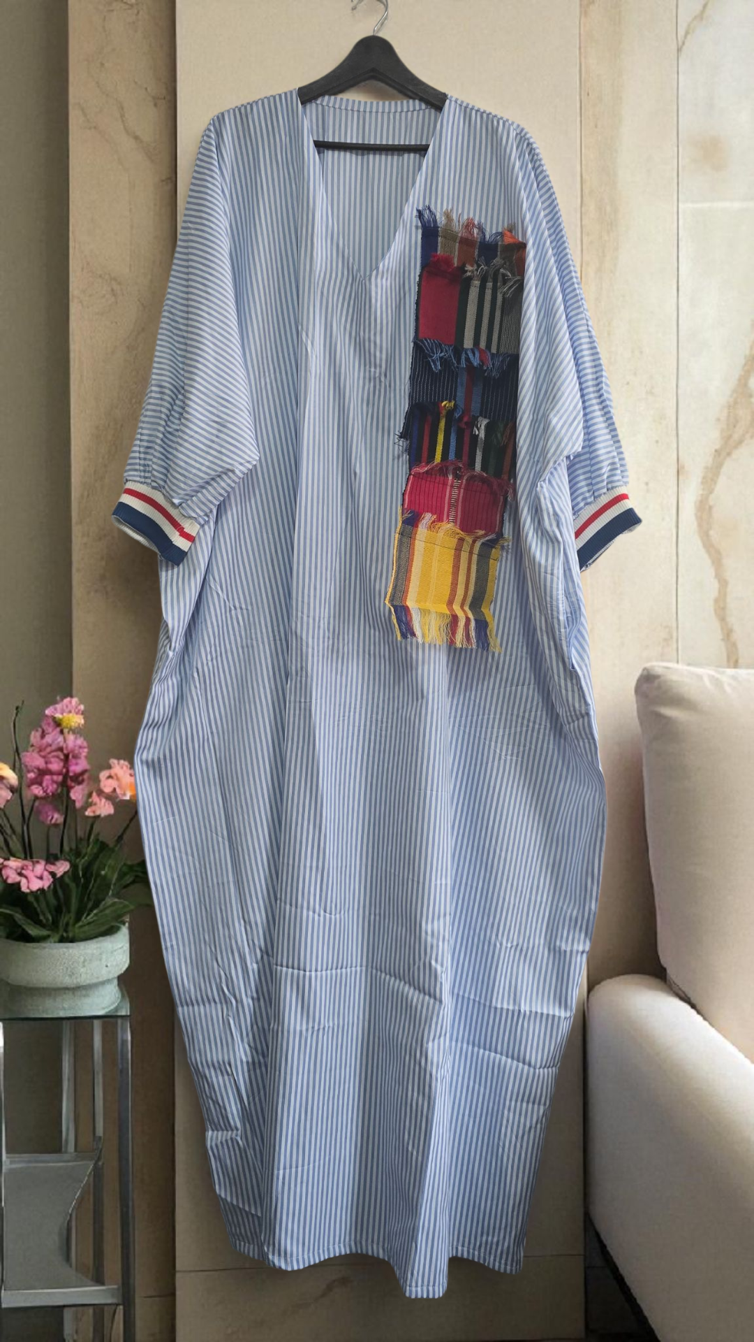 Sky Pinstripe Sport-Cuff Kaftan