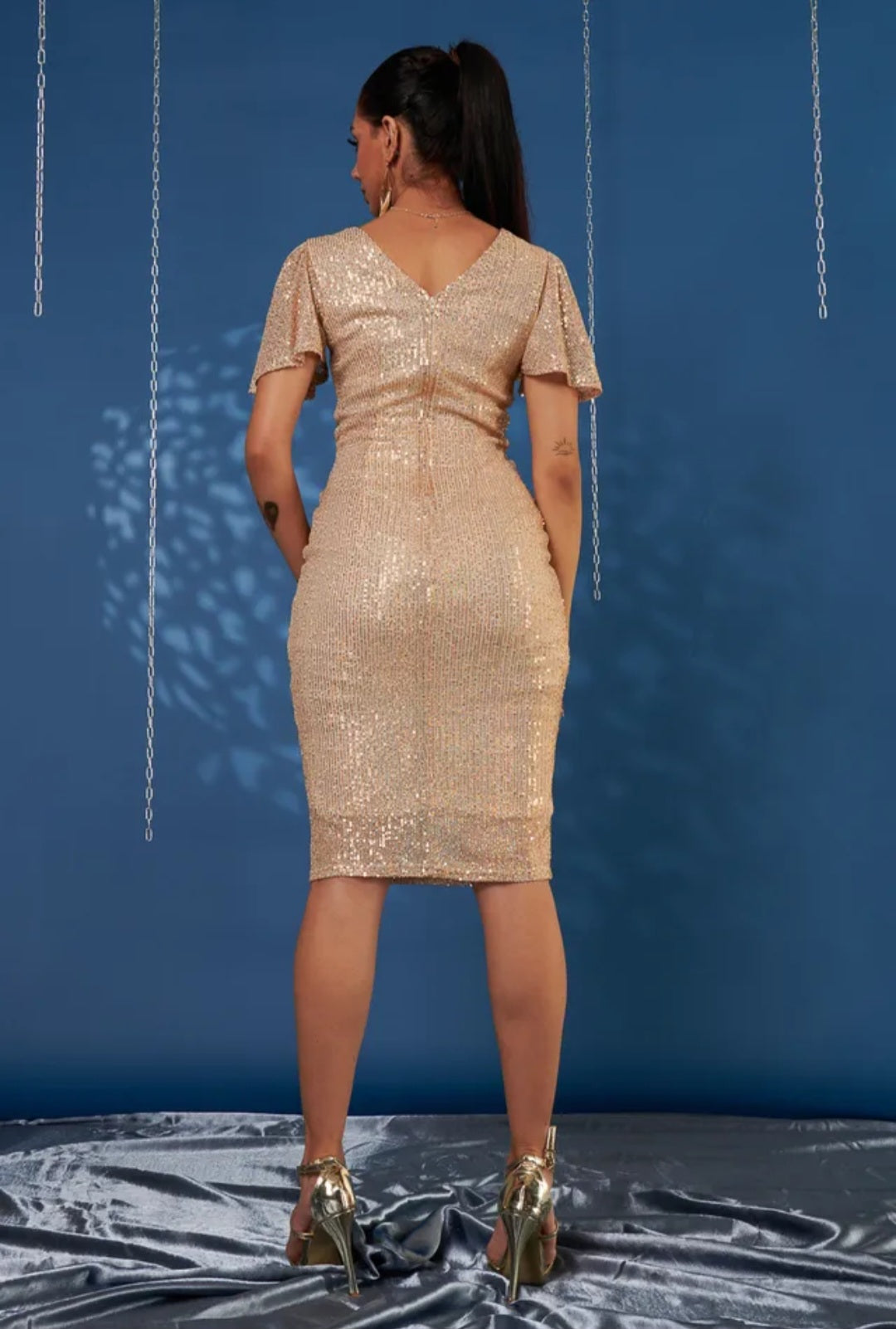 Jolie Moi Angel Sleeve Sequin Pencil Dress
