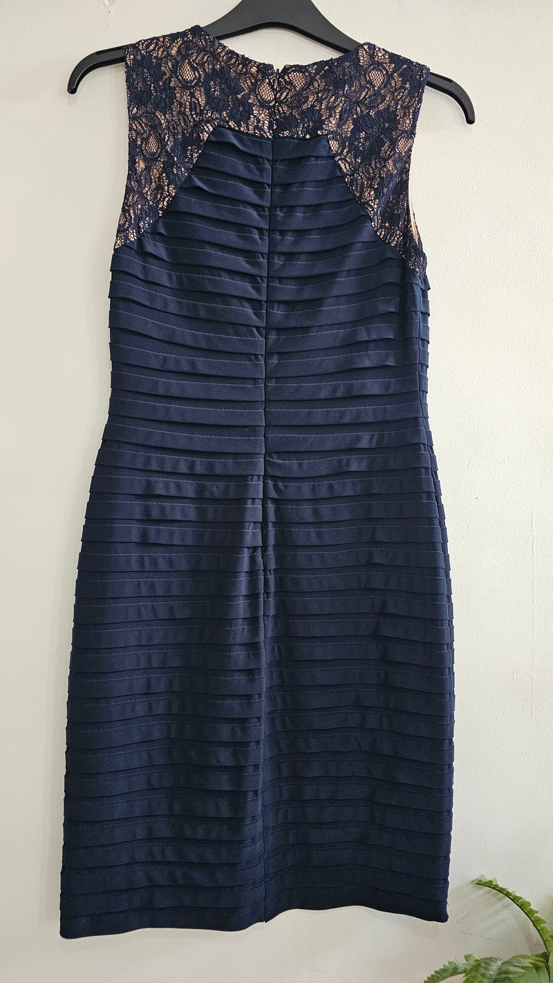 Elegant Adiranna Papell Navy Blue Bodycon Dress with Lace Detail – Size L