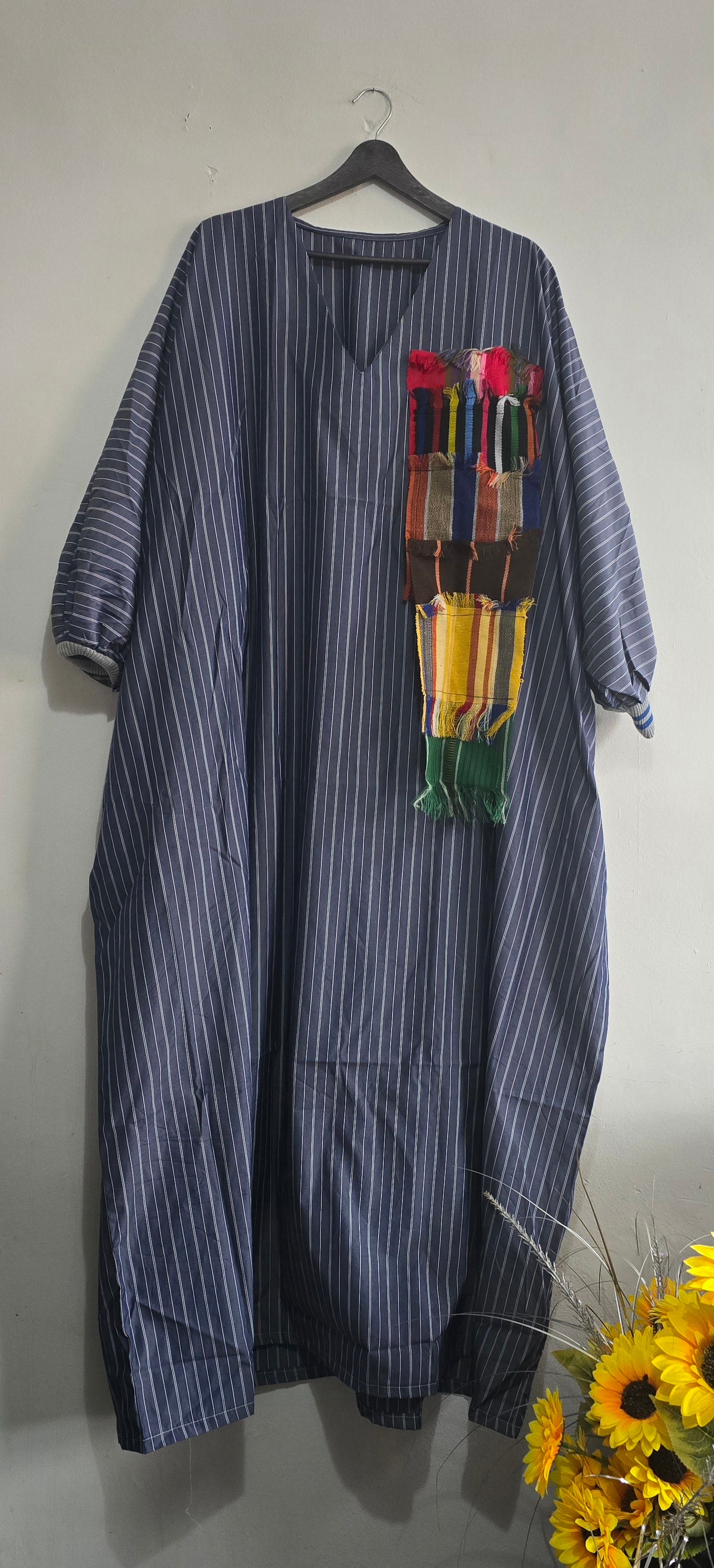 Navy Pinstripe Kaftan with Hand-Fringe Panel