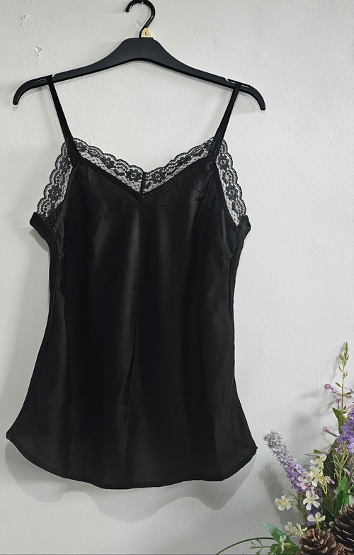 Black Satin Lace Trim Cami Top – Adjustable Straps | Size L