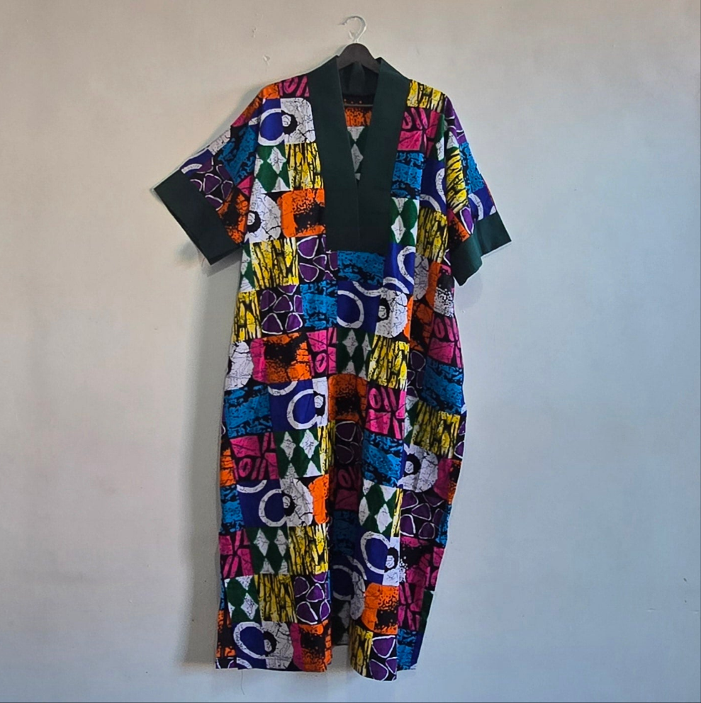 Kaleido Patch Kaftan - Deep Green Placket