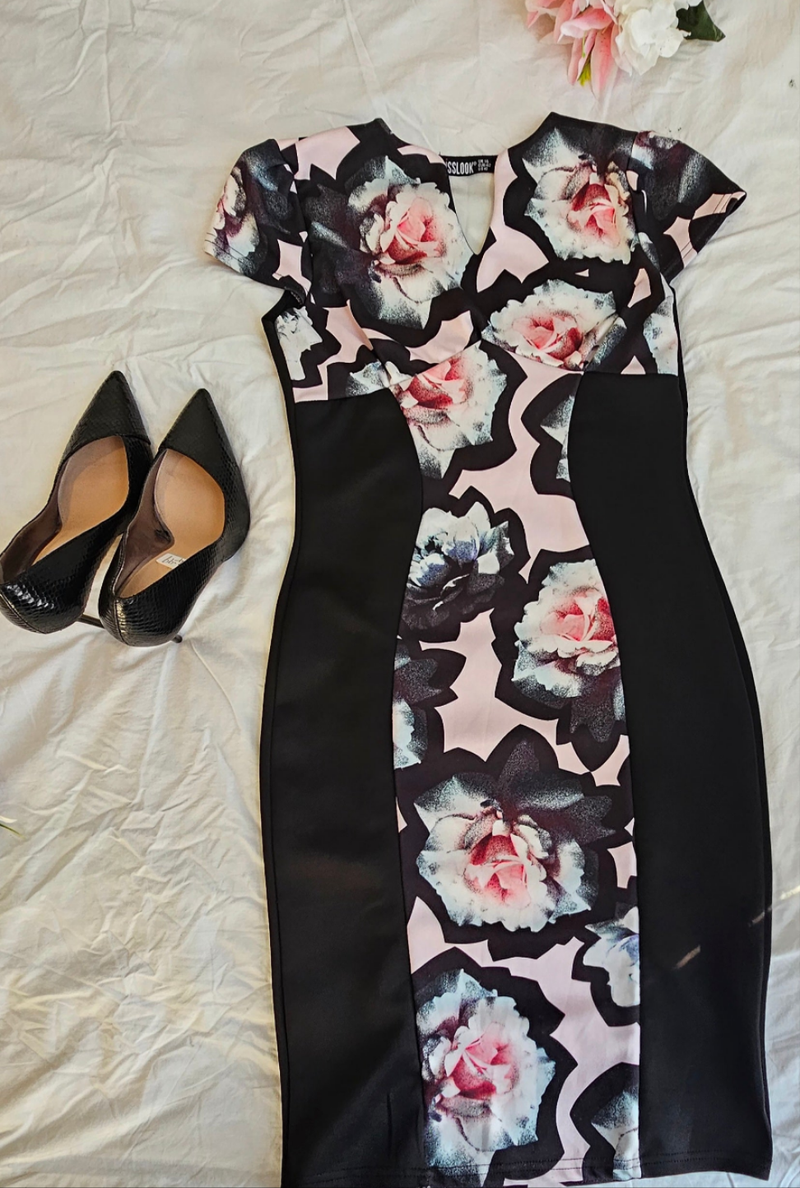 MissLook Pink & Black Floral Bodycon Dress – Size UK 14