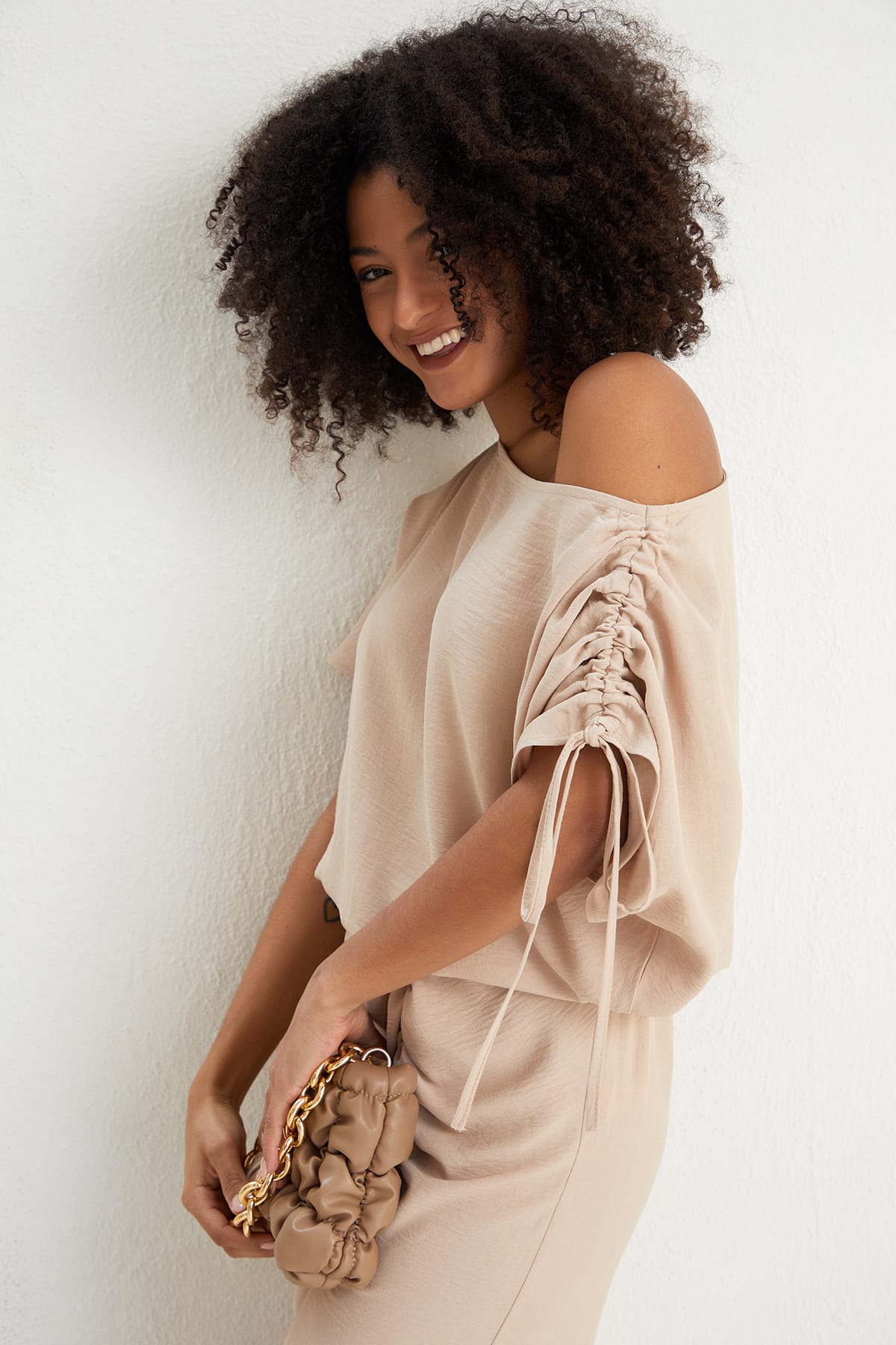 Off Shoulder Beige Midi Dress | Elegant Ruched Midi | Size 14