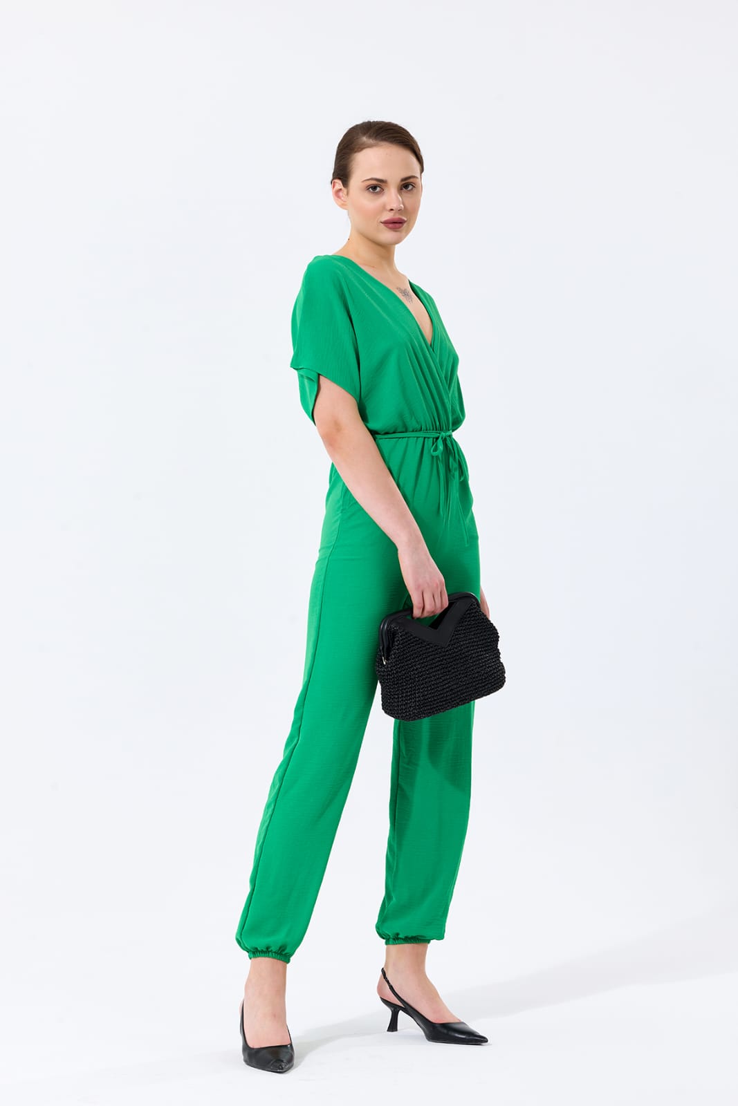 Batwing Sleeve Elasticated
Waist Jumpsuit in Green