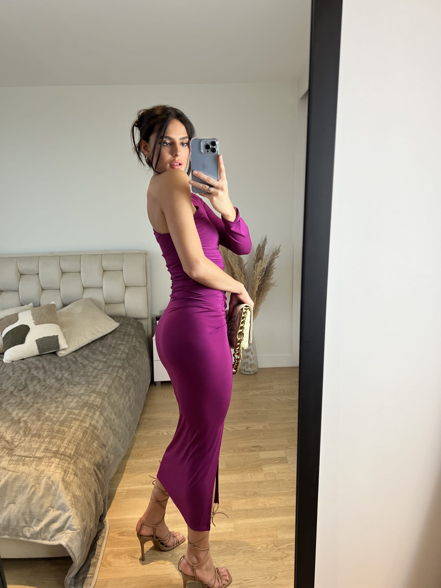 One Shoulder Midi Dress
with Side Slit in Fuchsia — Purple