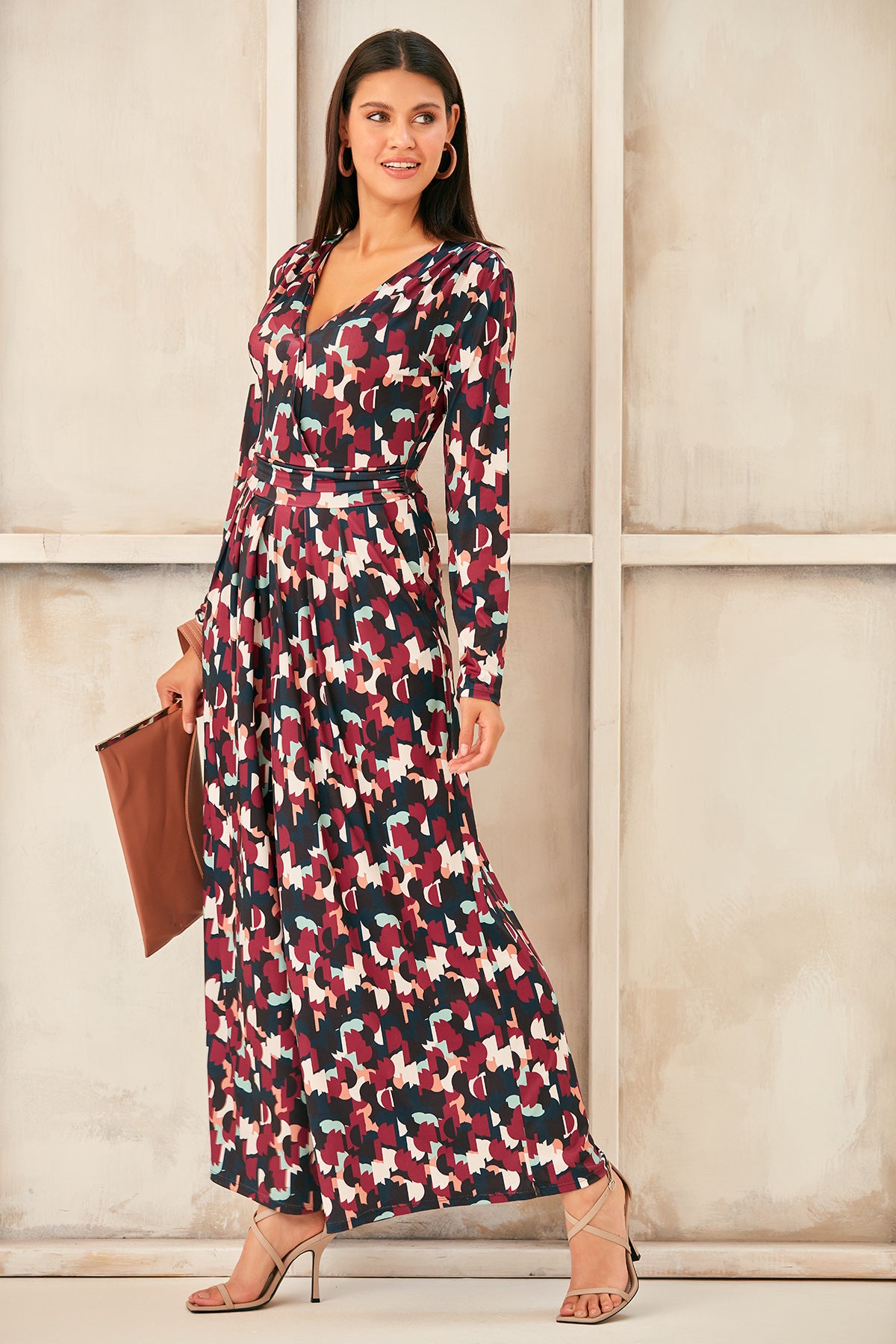 Wrap, Cullotte Jump Suit in Burgundy Geo Print  Size 10