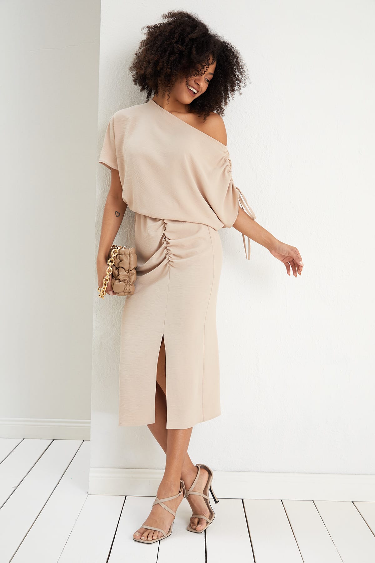 Off Shoulder Beige Midi Dress | Elegant Ruched Midi | Size 14
