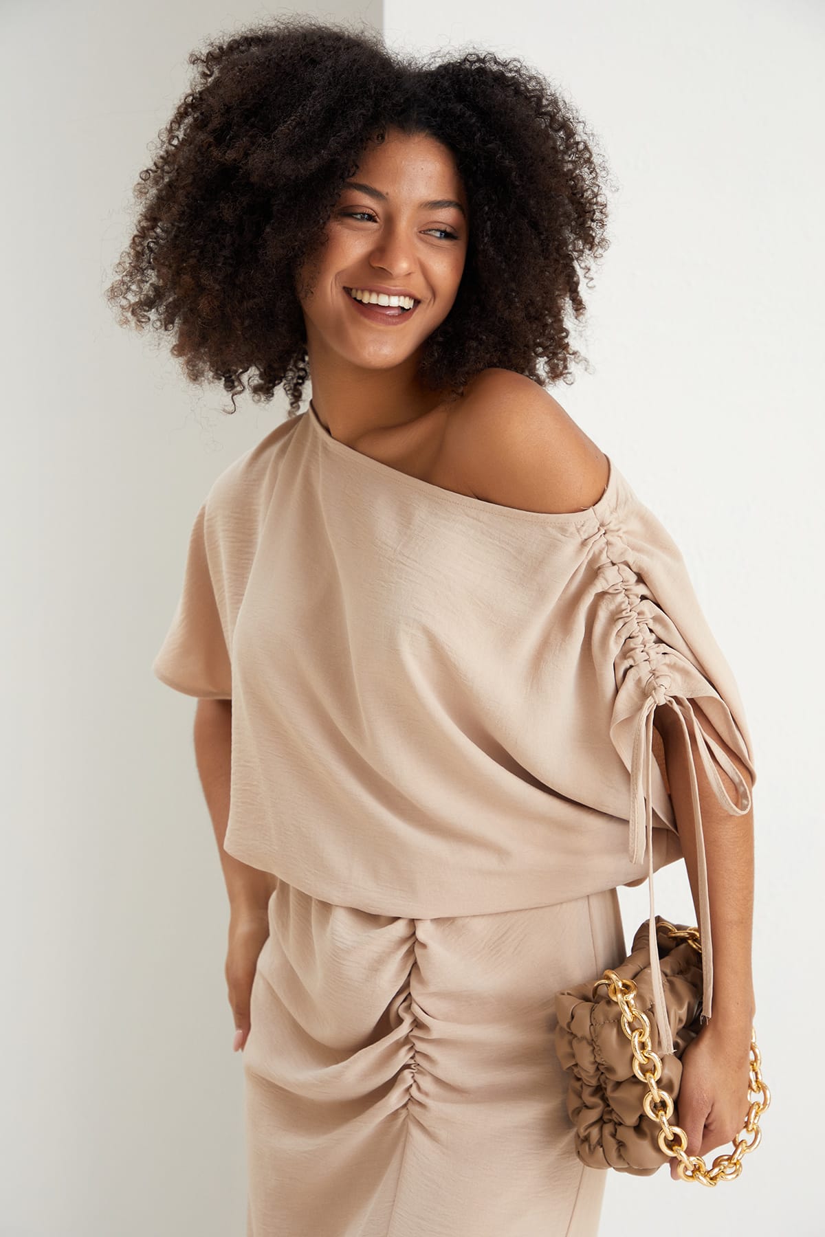 Off Shoulder Beige Midi Dress | Elegant Ruched Midi | Size 14