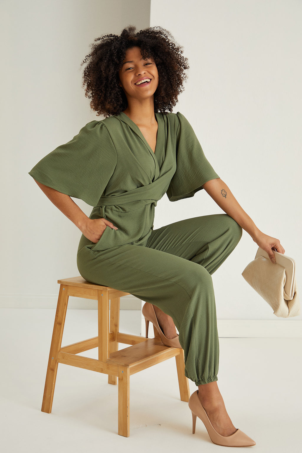 Jessica Angel Sleeve Wrap Jumpsuit in Khaki