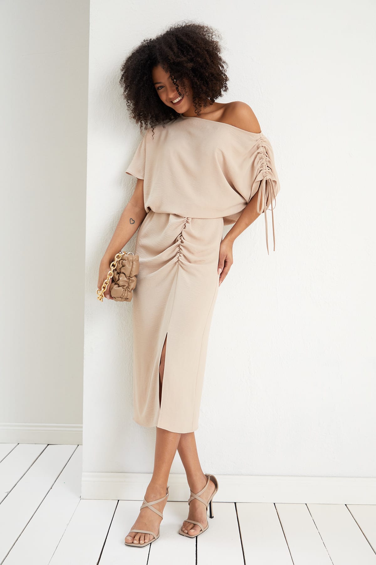 Off Shoulder Beige Midi Dress | Elegant Ruched Midi | Size 14