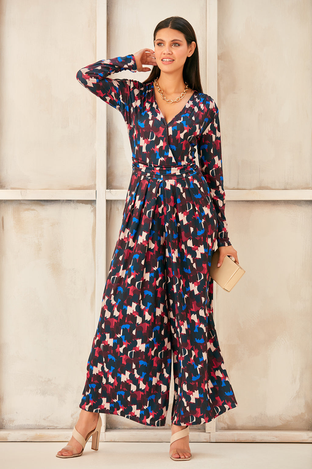 Wrap, Cullotte Jump Suit in Burgundy Geo Print  Size 10