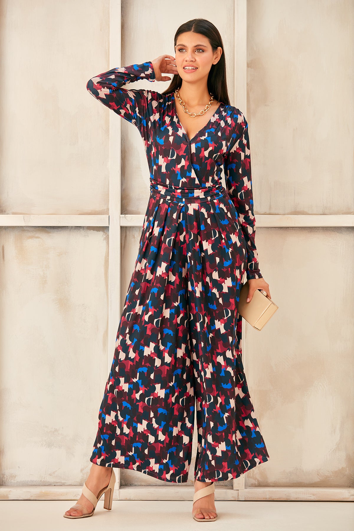 Wrap, Cullotte Jump Suit in Burgundy Geo Print  Size 10