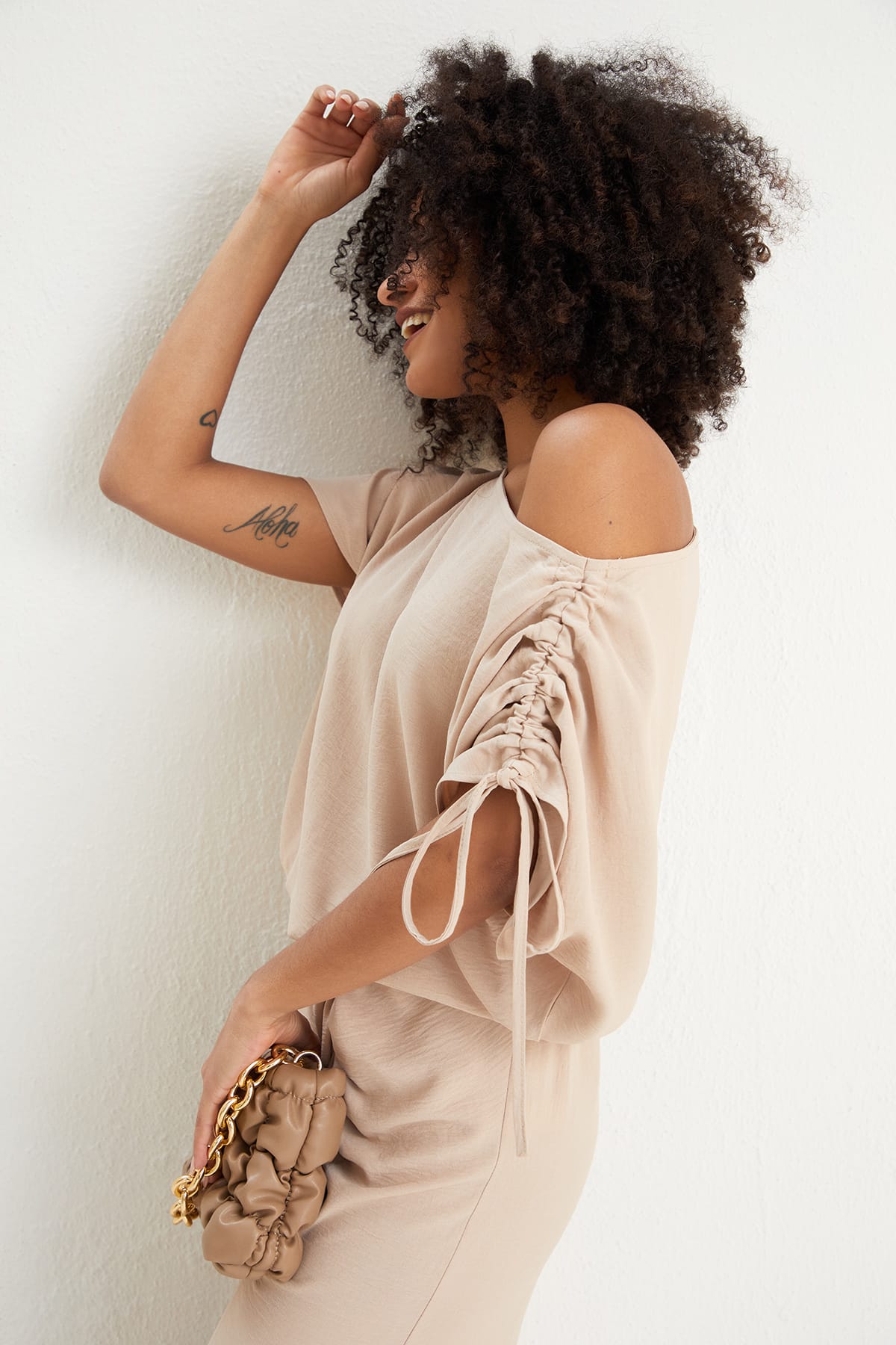 Off Shoulder Beige Midi Dress | Elegant Ruched Midi | Size 14