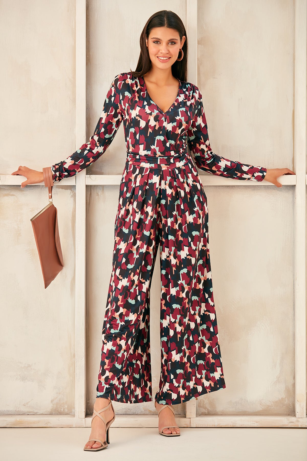 Wrap, Cullotte Jump Suit in Burgundy Geo Print  Size 10