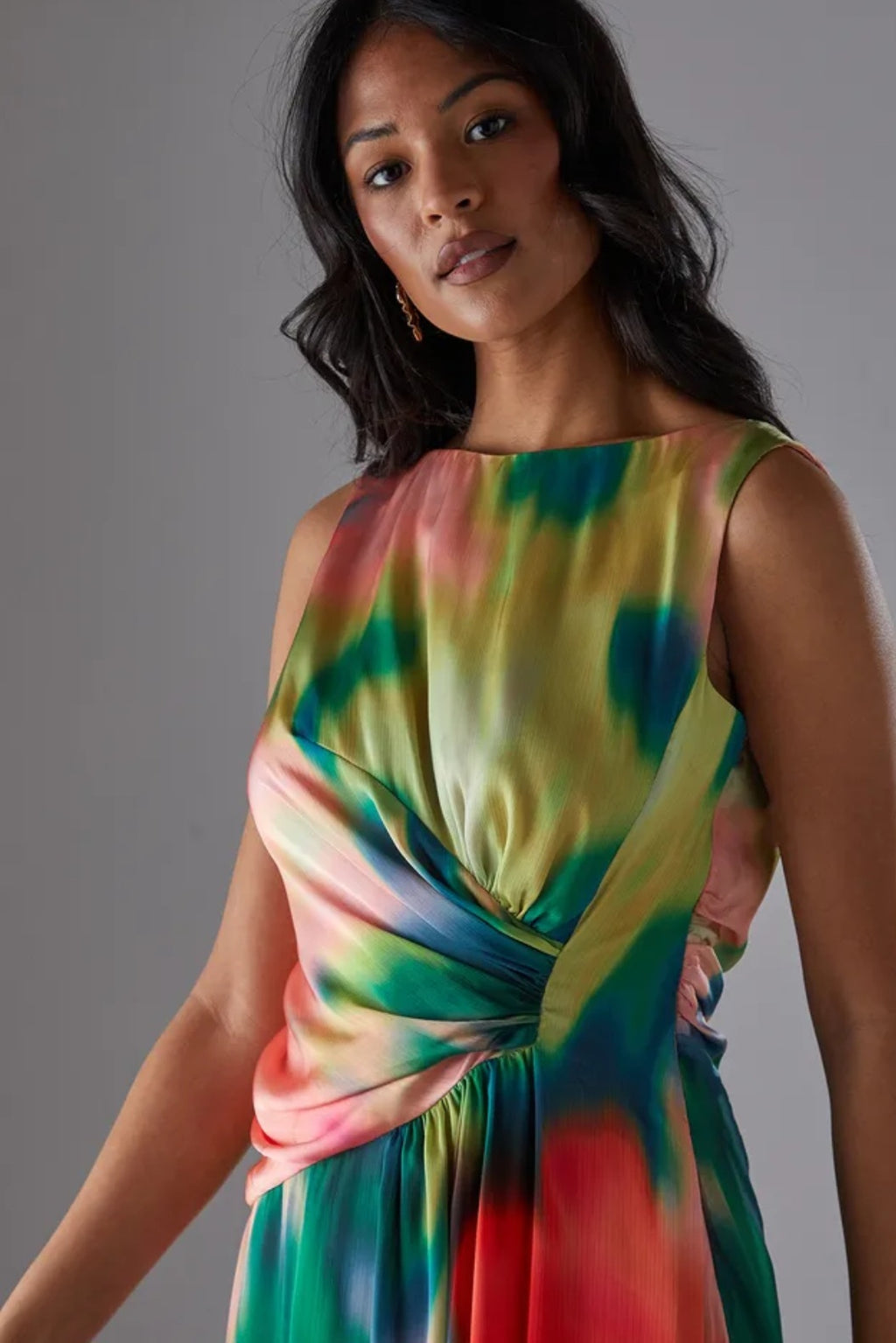 Warehouse
Printed Satin Sleeveless
Knot Front Asymmetric
Hem Midi Dress | Size 8