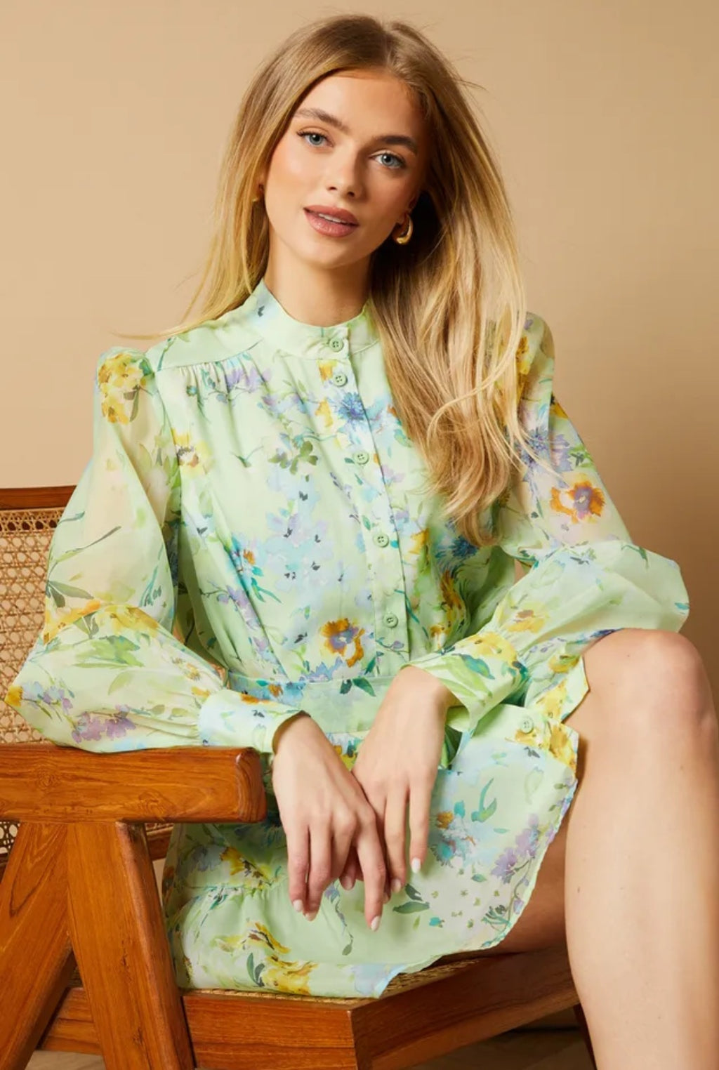 Oasis Sage Floral Organza Mini Shirt Dress