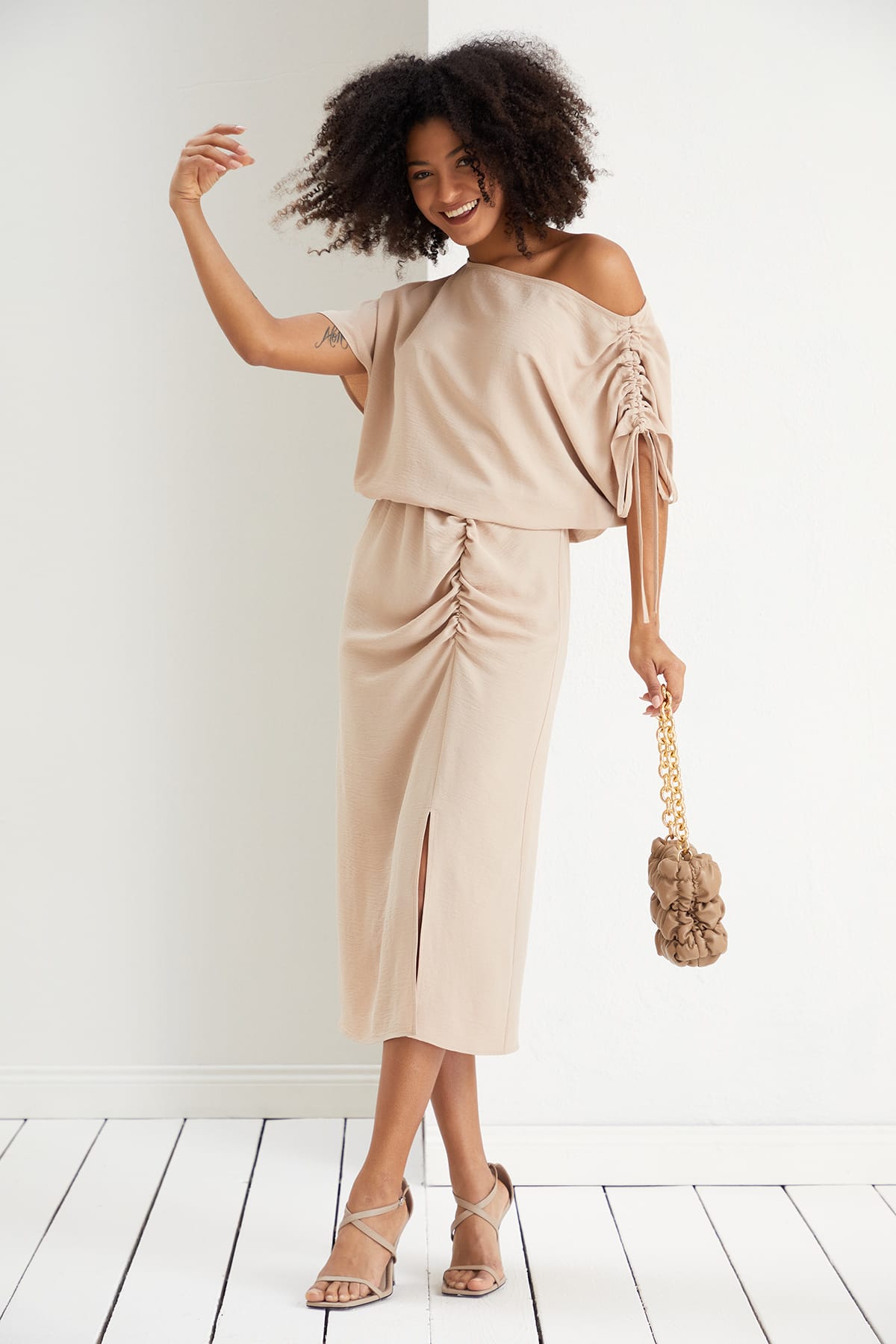 Off Shoulder Beige Midi Dress | Elegant Ruched Midi | Size 14