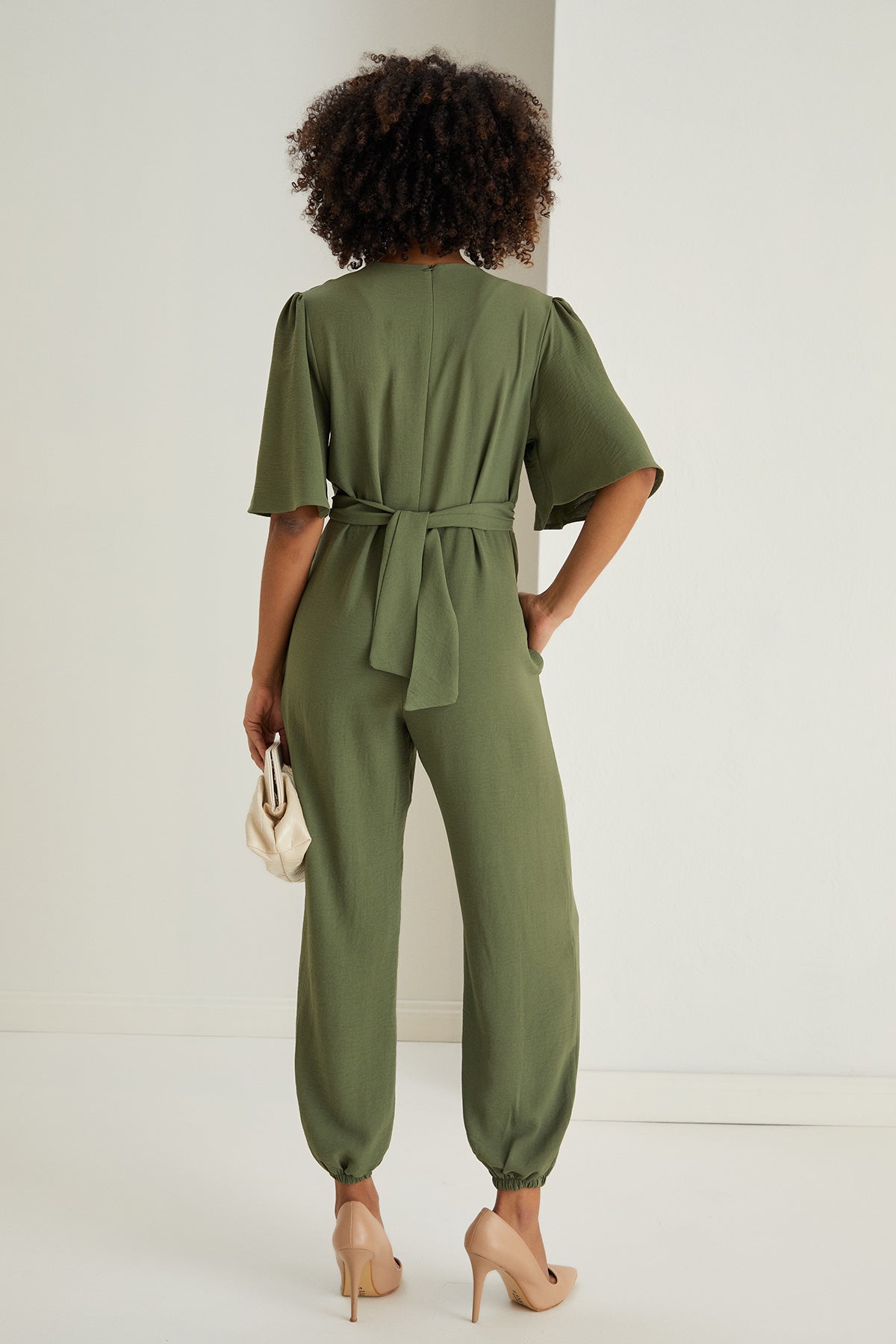 Jessica Angel Sleeve Wrap Jumpsuit in Khaki