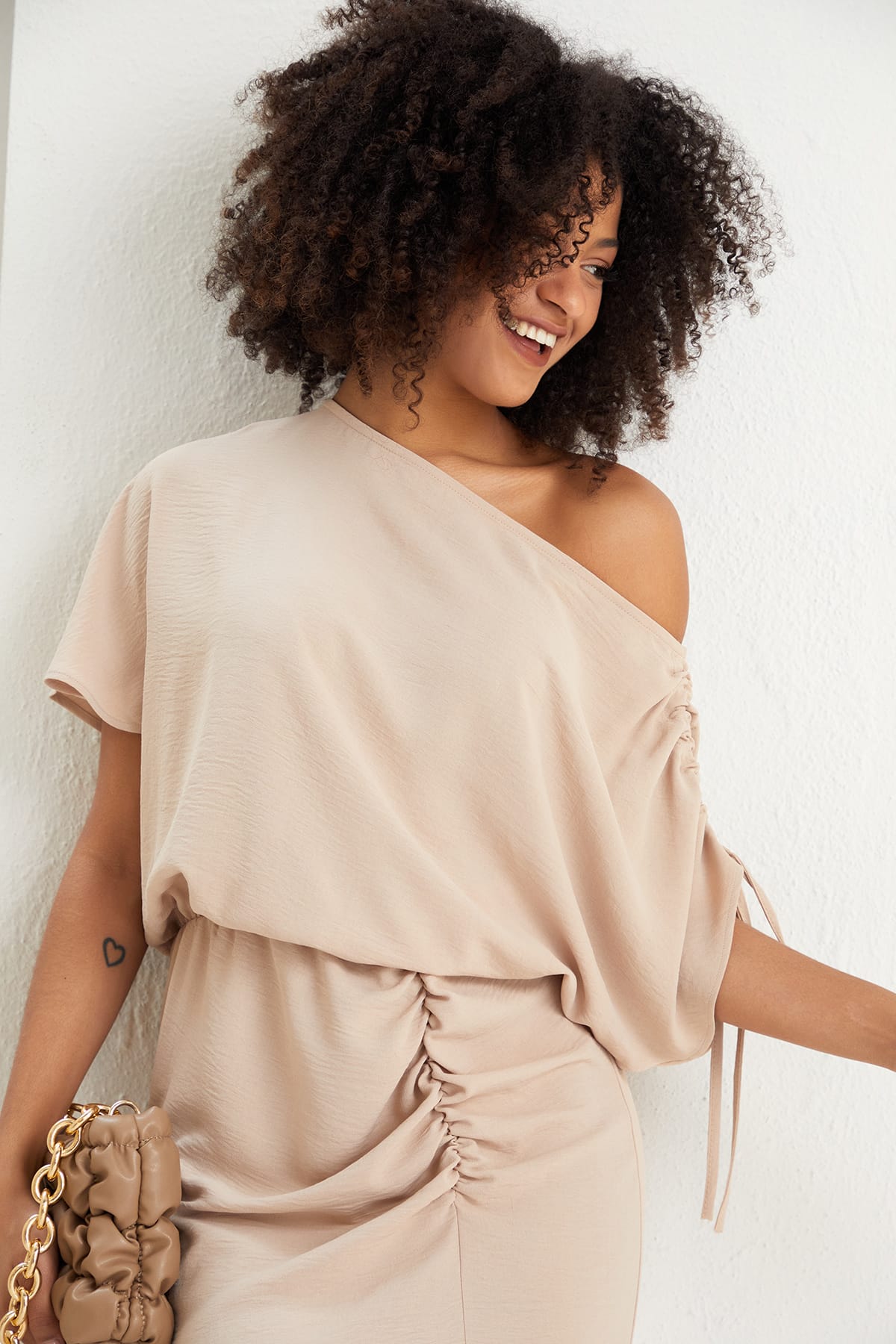 Off Shoulder Beige Midi Dress | Elegant Ruched Midi | Size 14