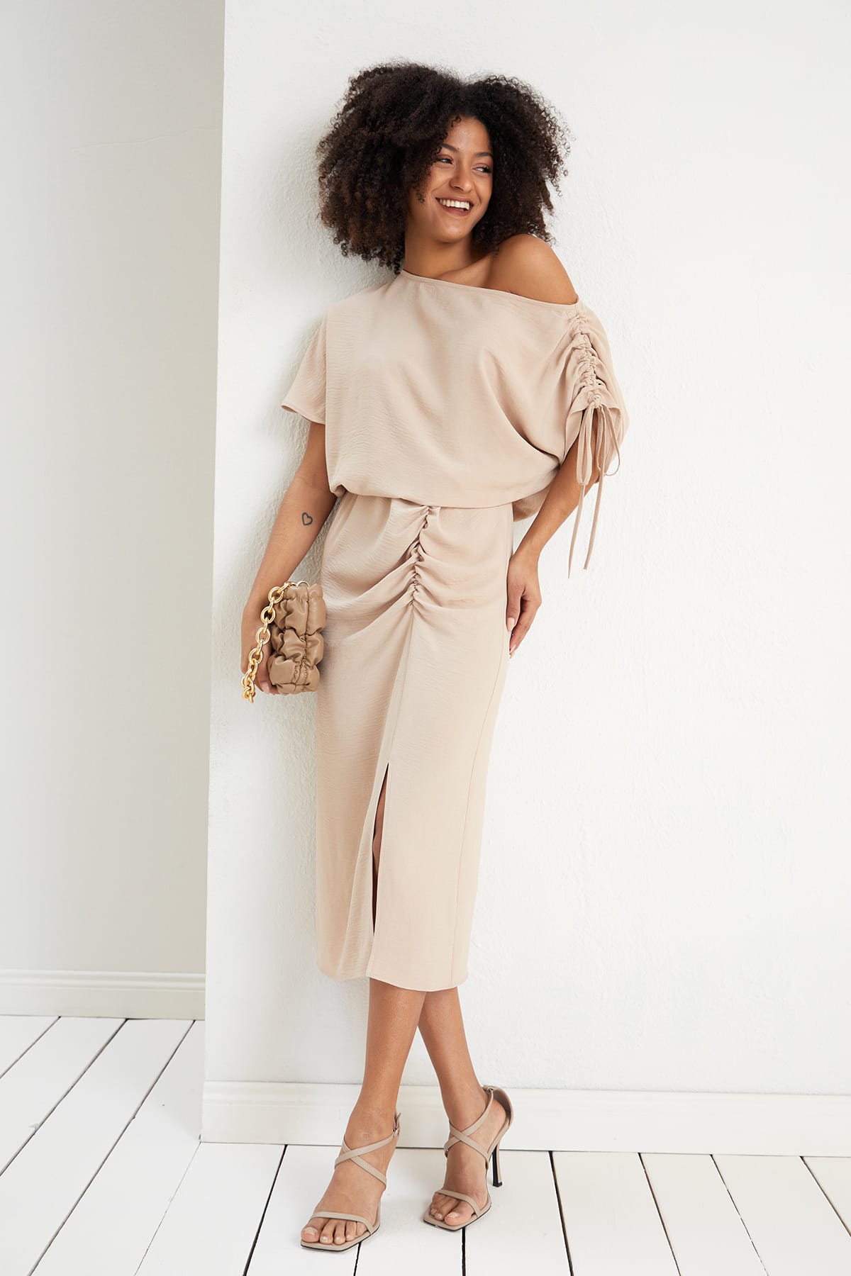 Off Shoulder Beige Midi Dress | Elegant Ruched Midi | Size 14