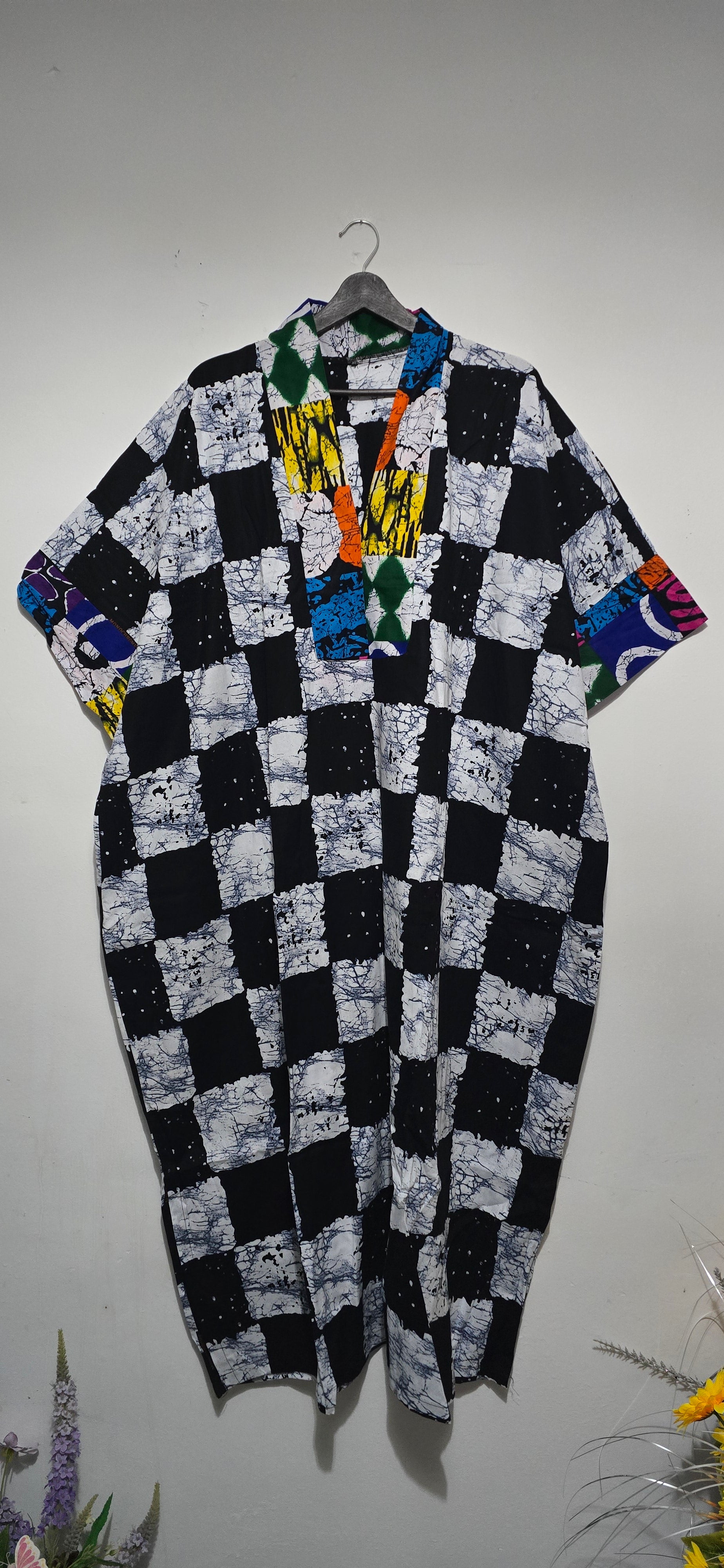 Monochrome Checker Kaftan - Pop Collar