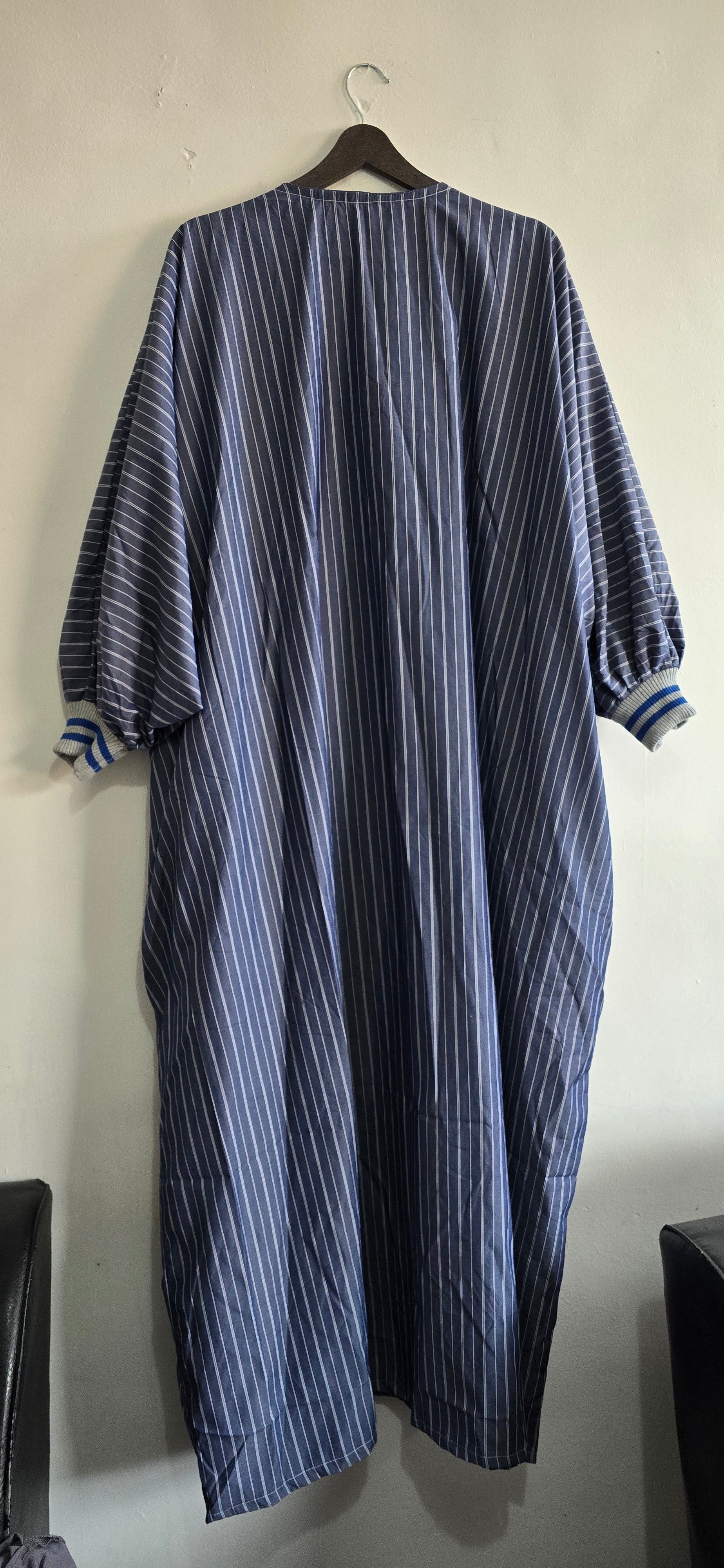 Navy Pinstripe Kaftan with Hand-Fringe Panel