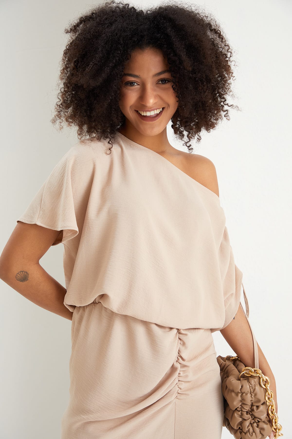 Off Shoulder Beige Midi Dress | Elegant Ruched Midi | Size 14