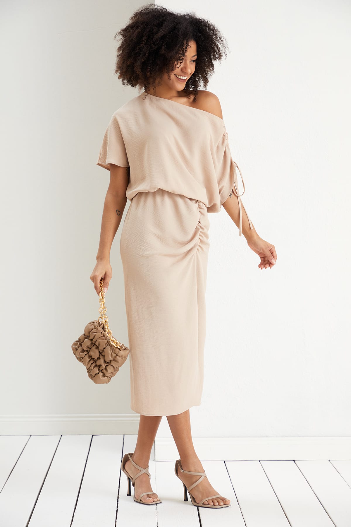 Off Shoulder Beige Midi Dress | Elegant Ruched Midi | Size 14
