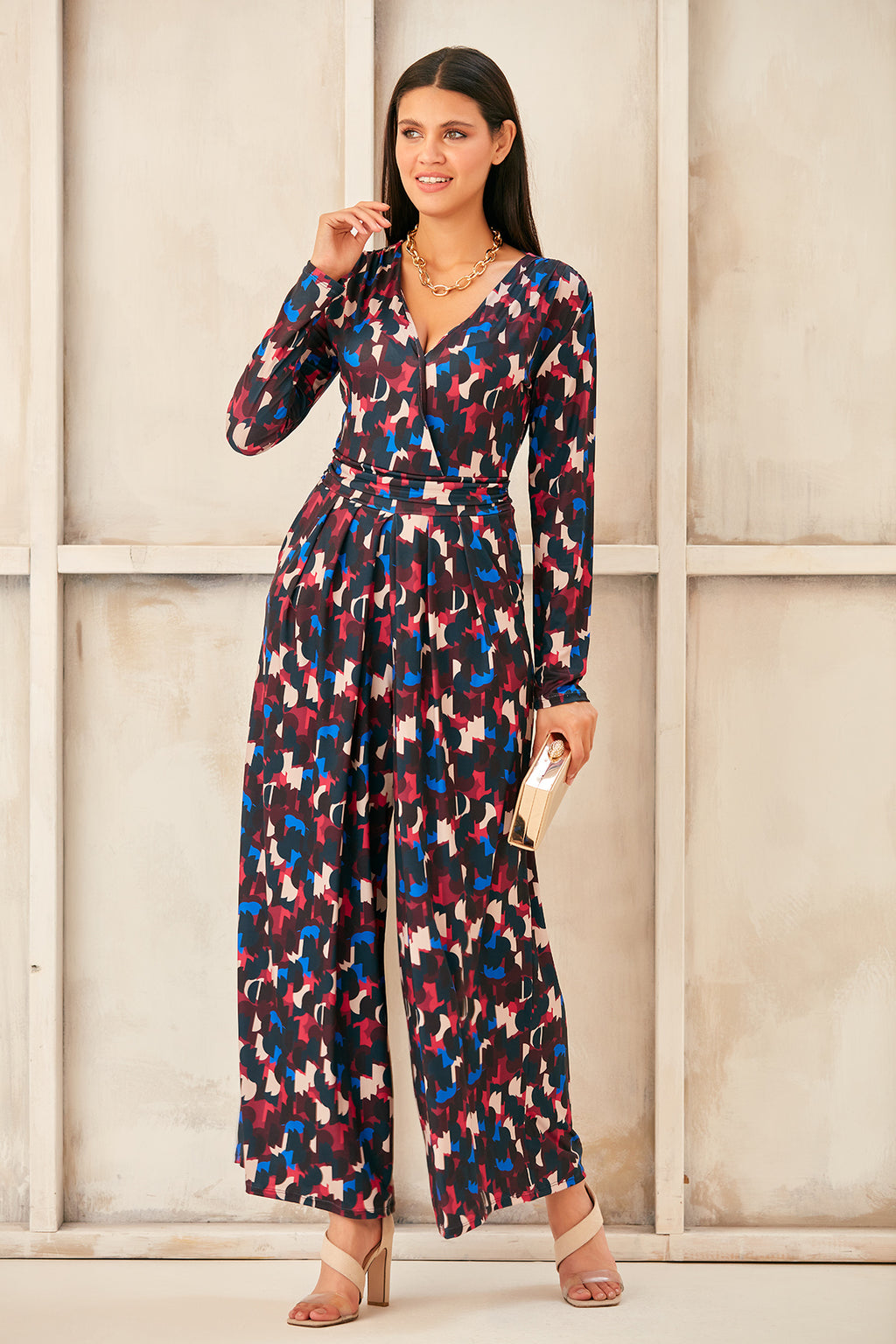 Wrap, Cullotte Jump Suit in Burgundy Geo Print  Size 10