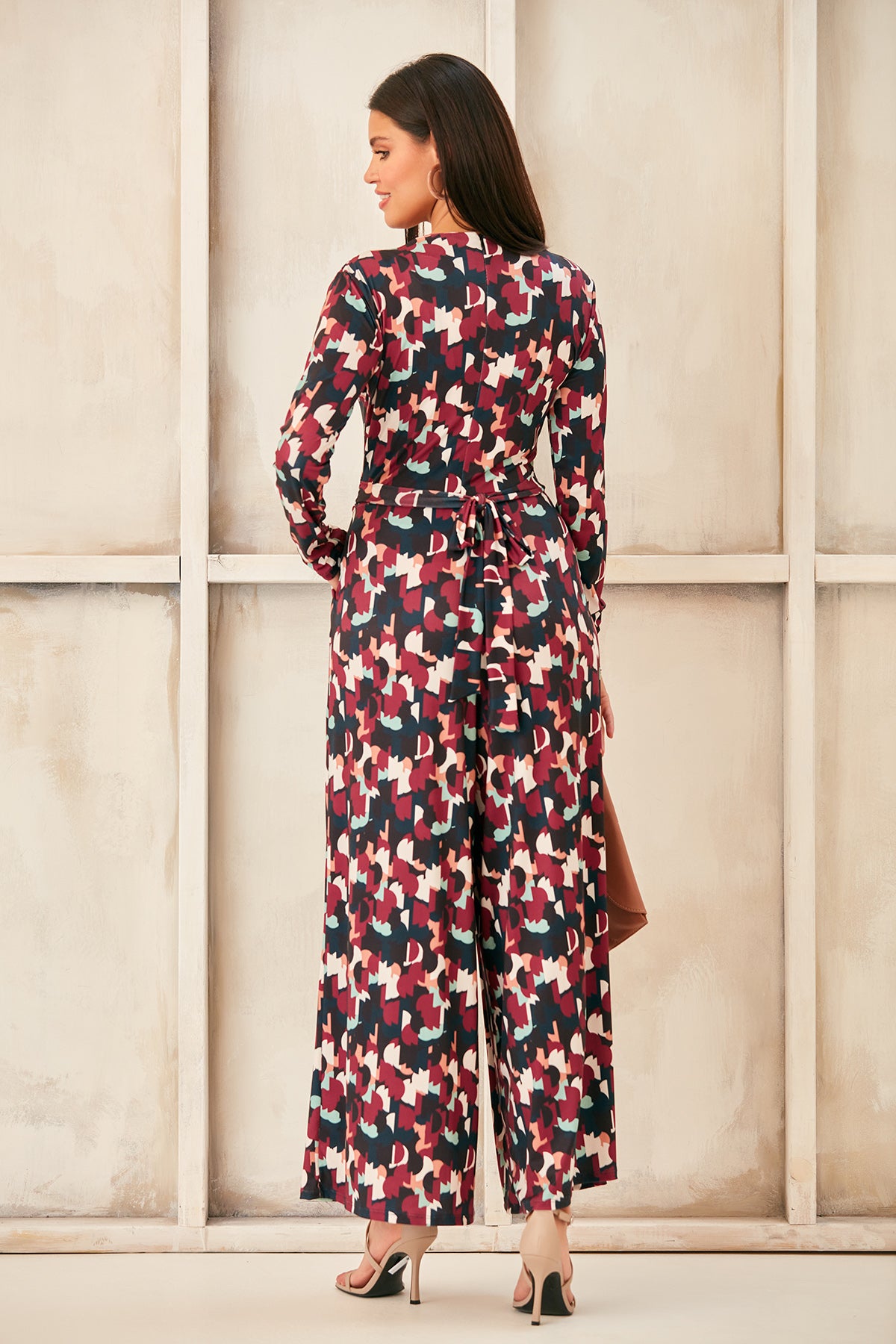 Wrap, Cullotte Jump Suit in Burgundy Geo Print  Size 10