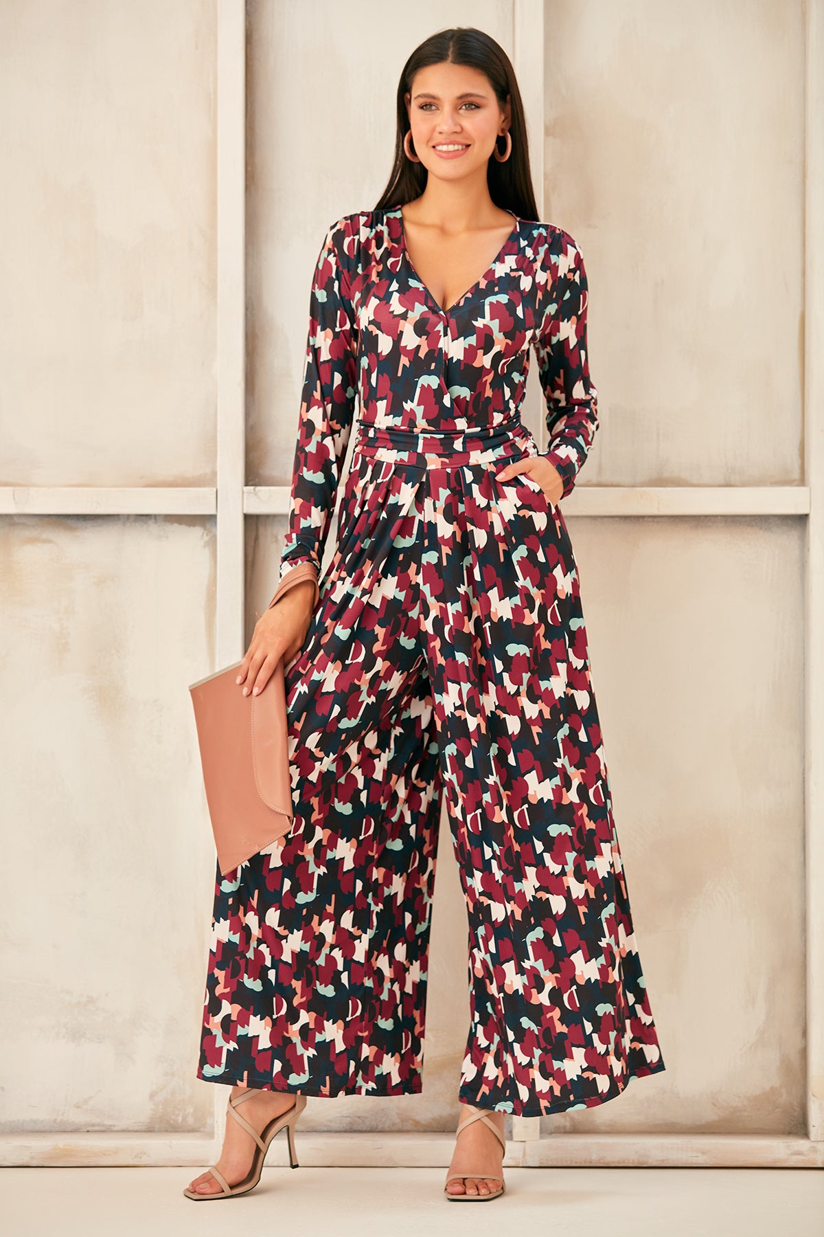 Wrap, Cullotte Jump Suit in Burgundy Geo Print  Size 10