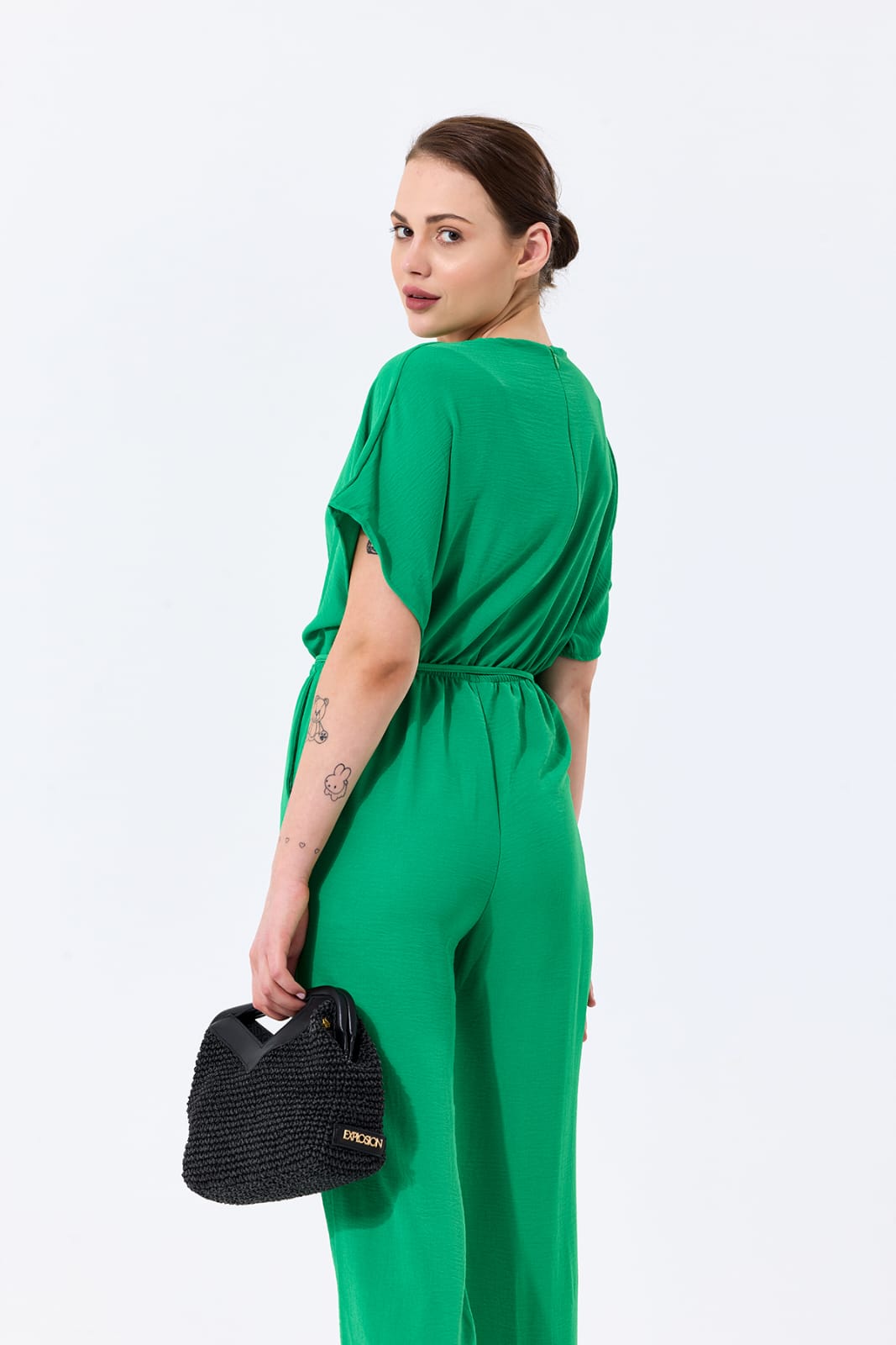 Batwing Sleeve Elasticated
Waist Jumpsuit in Green