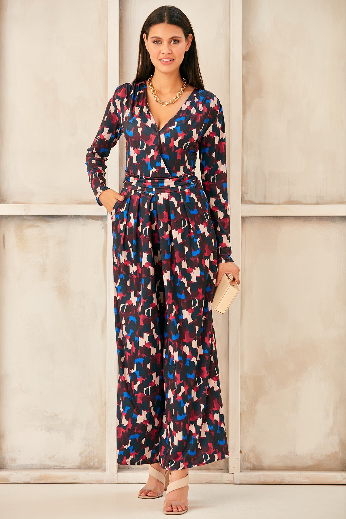 Wrap, Cullotte Jump Suit in Burgundy Geo Print  Size 10