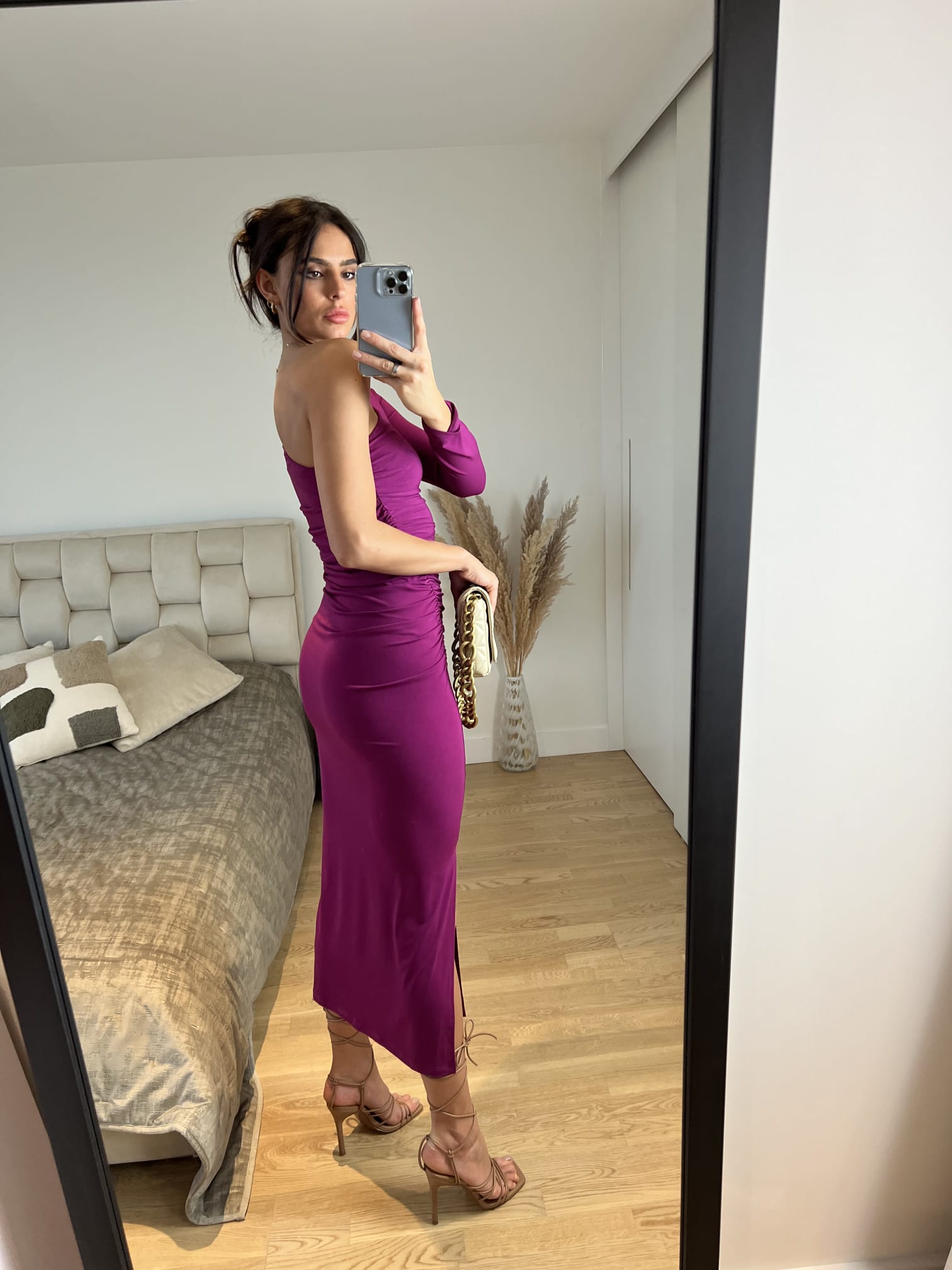 One Shoulder Midi Dress
with Side Slit in Fuchsia — Purple