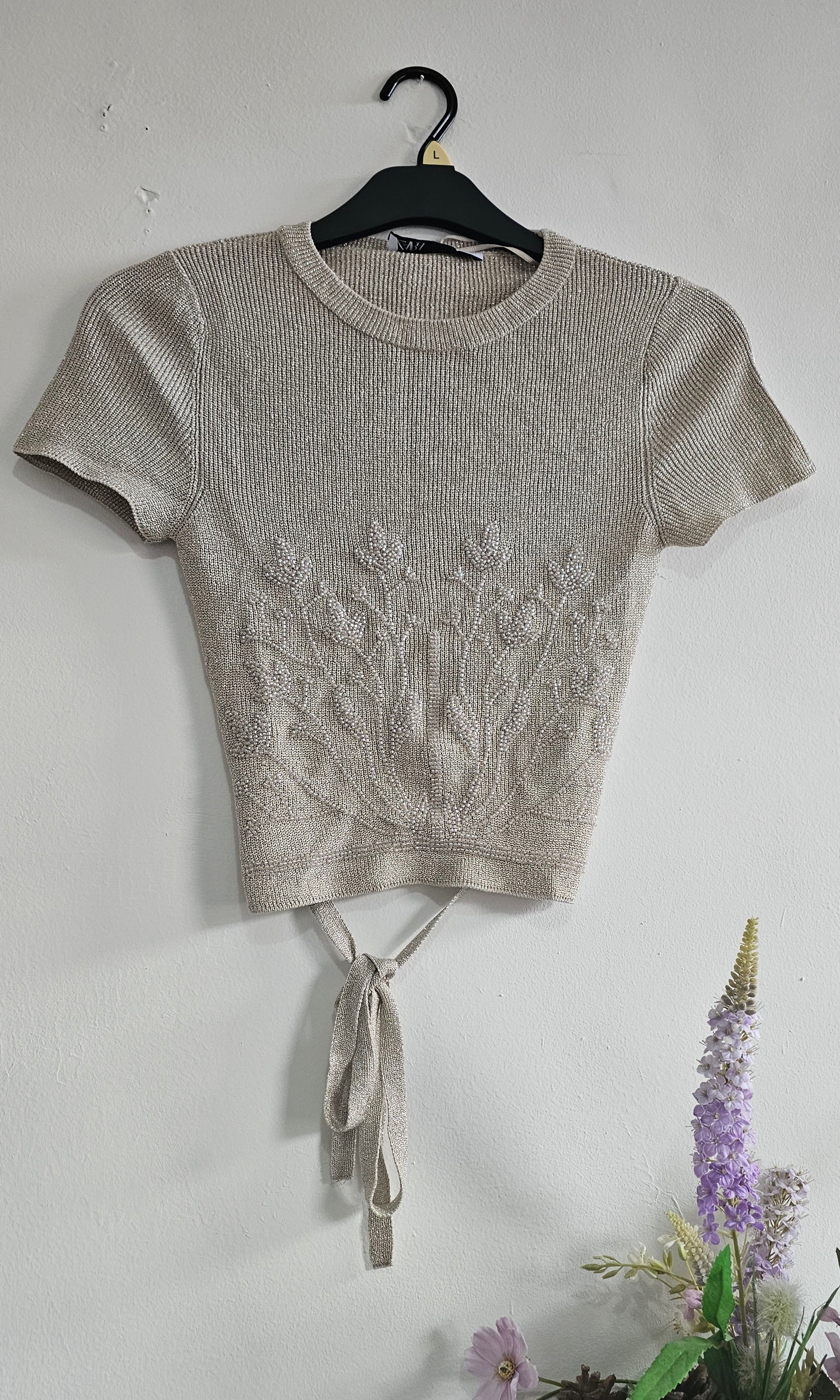 ZARA Metallic Knit Embellished Crop Top with Back Tie – Women’s Short Sleeve