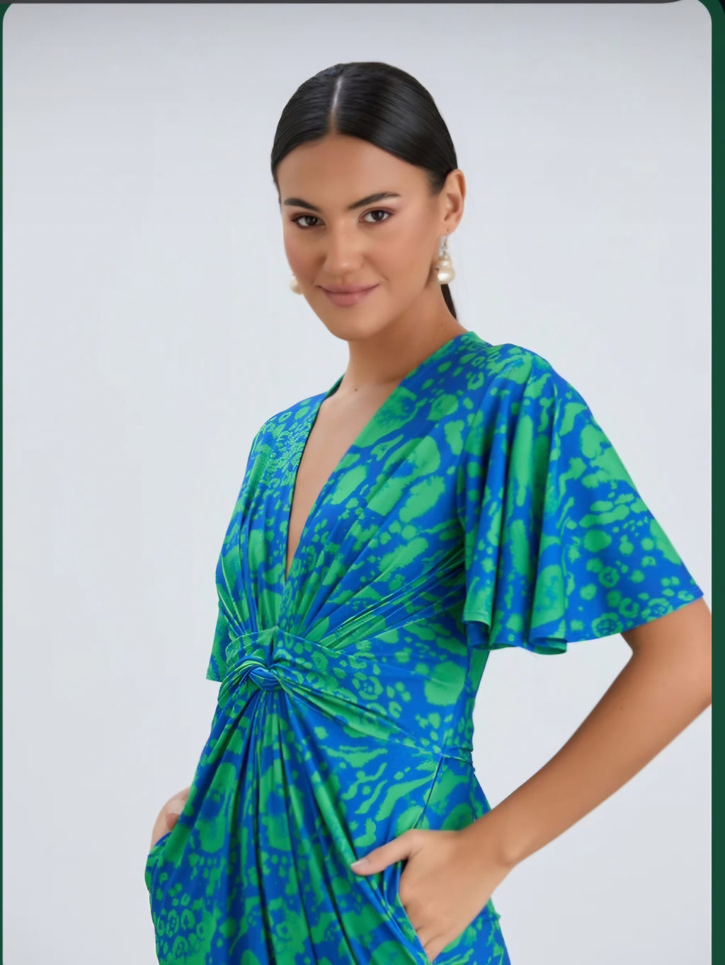 Angel Sleeve Twist Maxi
Jumpsuit in Tropical Green
print