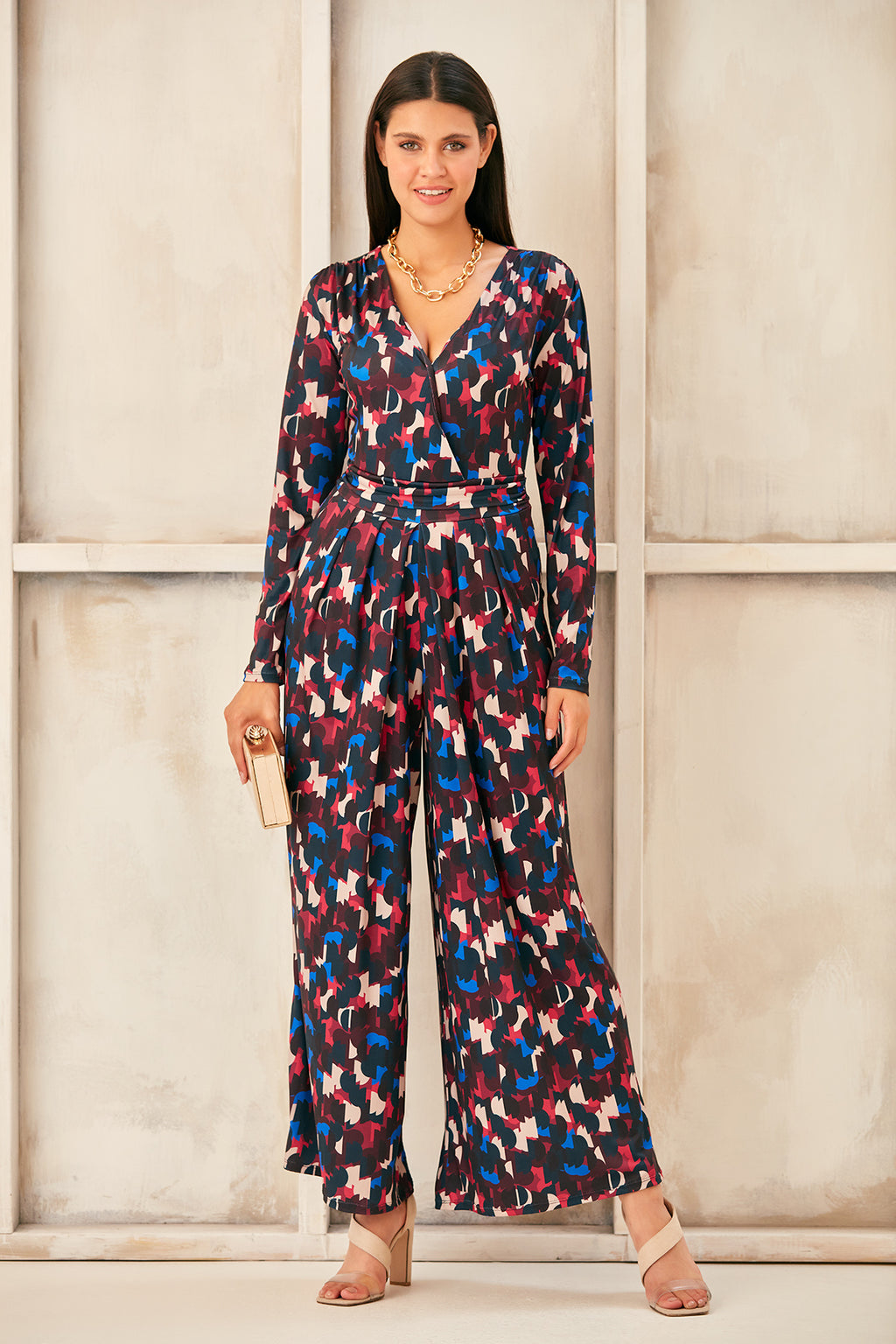 Wrap, Cullotte Jump Suit in Burgundy Geo Print  Size 10