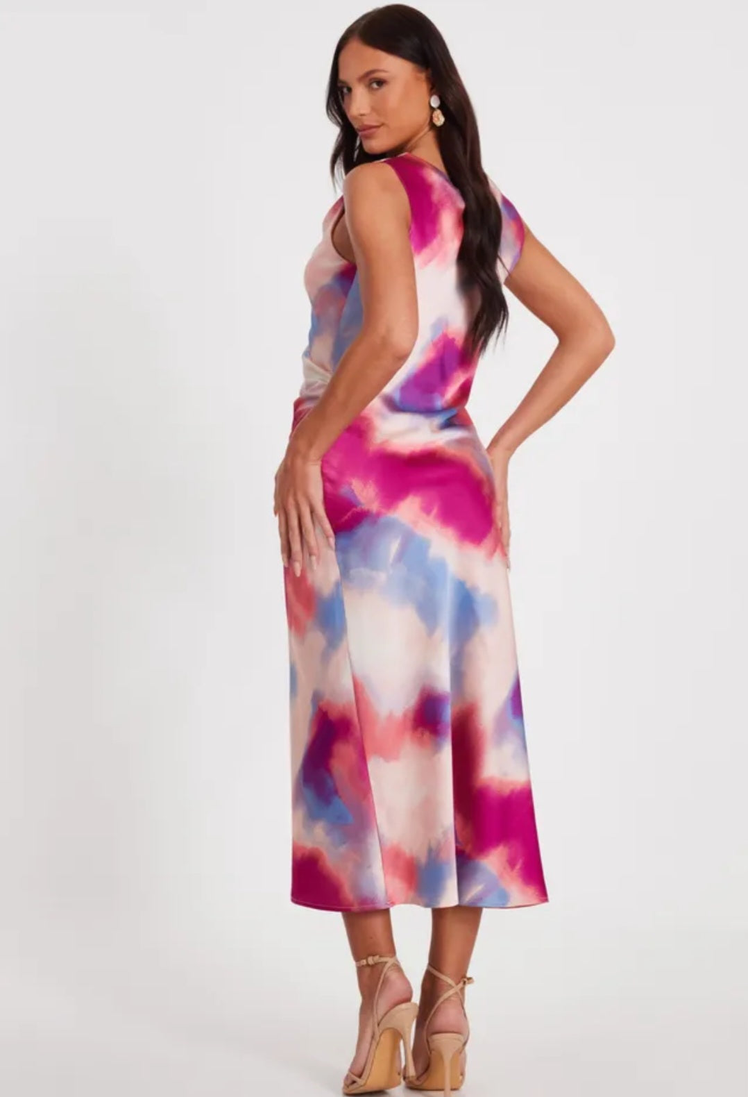 Quiz Pink Satin Tie Dye Midi Dress | Size 16