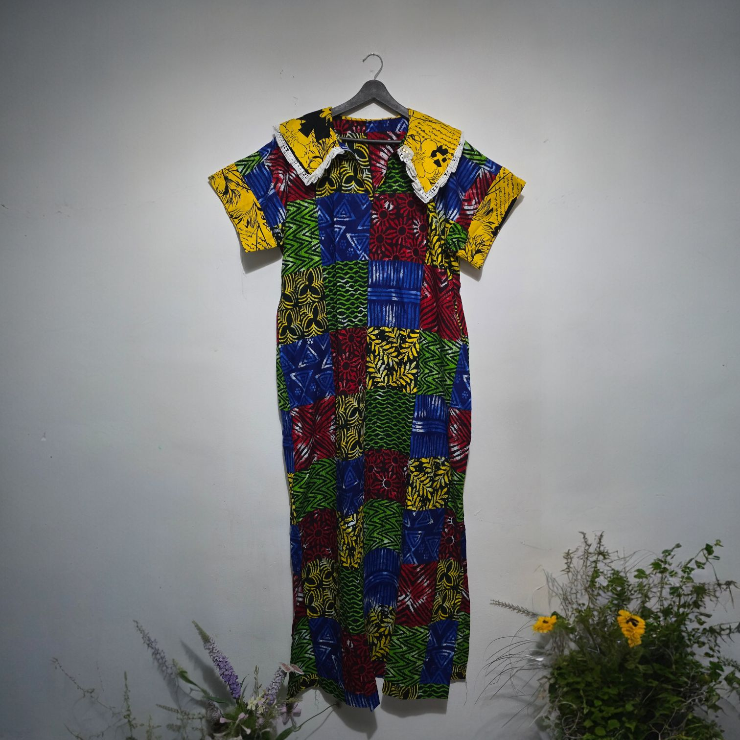 Lace-Collar Patchwork Kaftan Dress