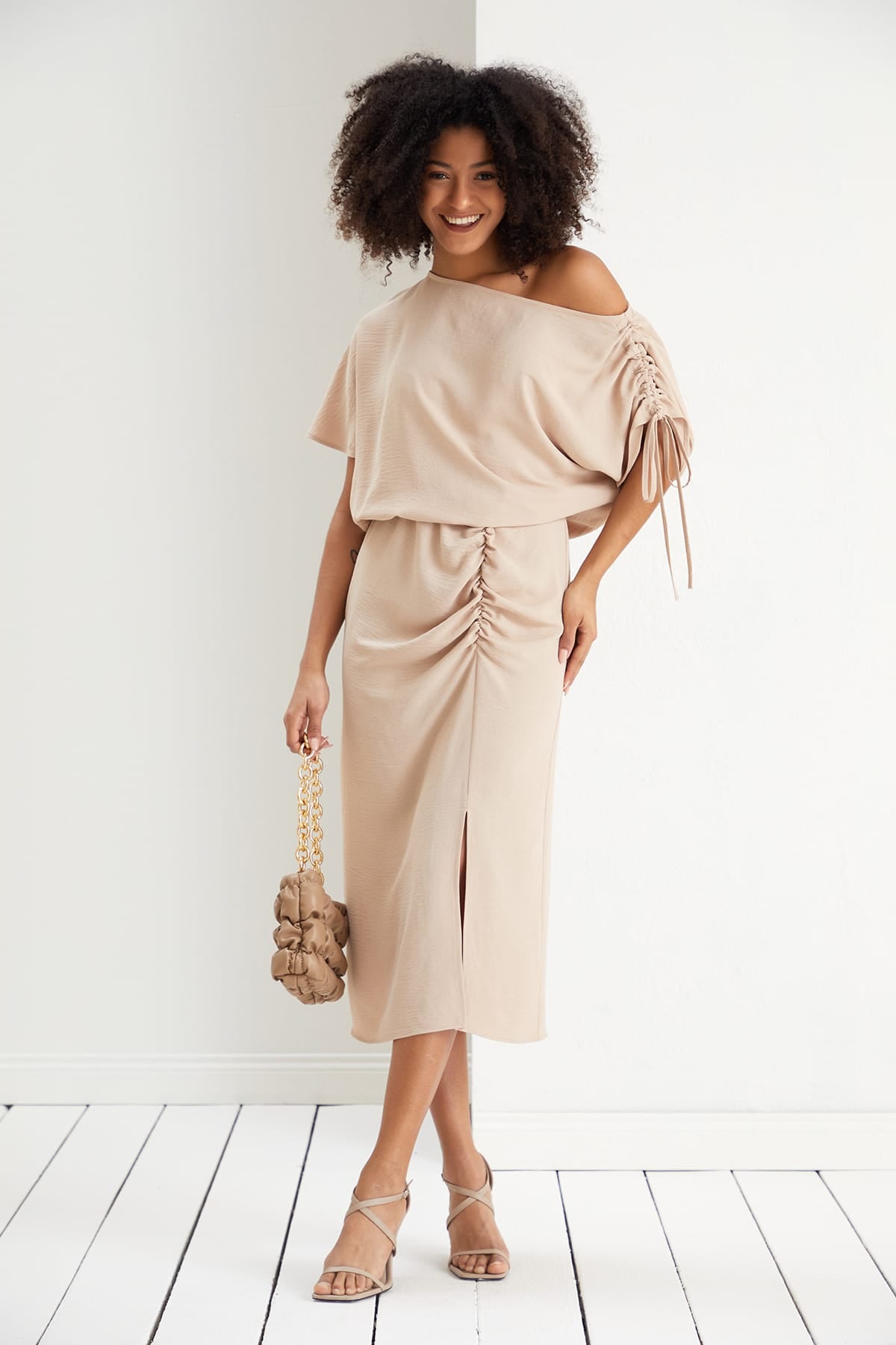 Off Shoulder Beige Midi Dress | Elegant Ruched Midi | Size 14