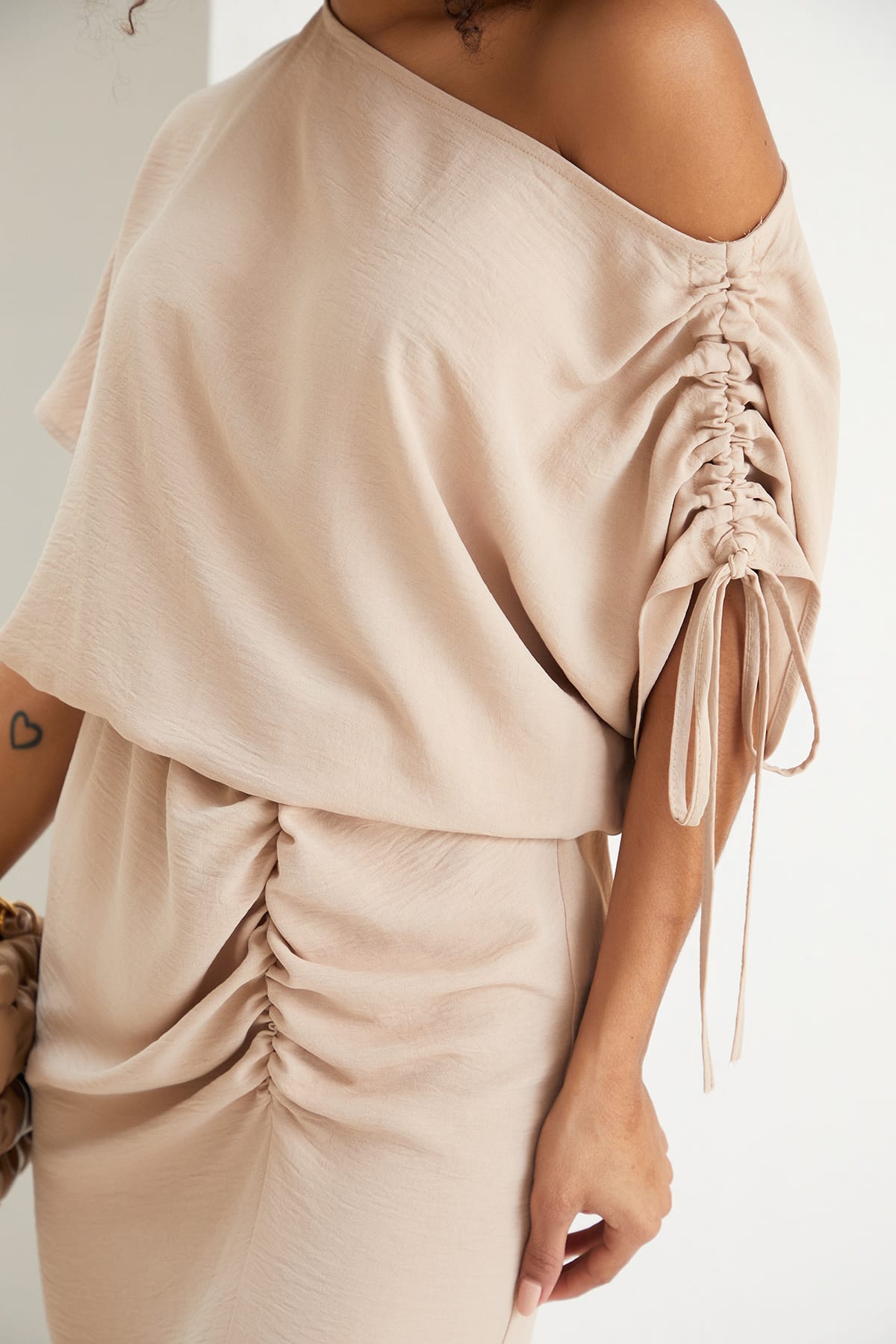 Off Shoulder Beige Midi Dress | Elegant Ruched Midi | Size 14