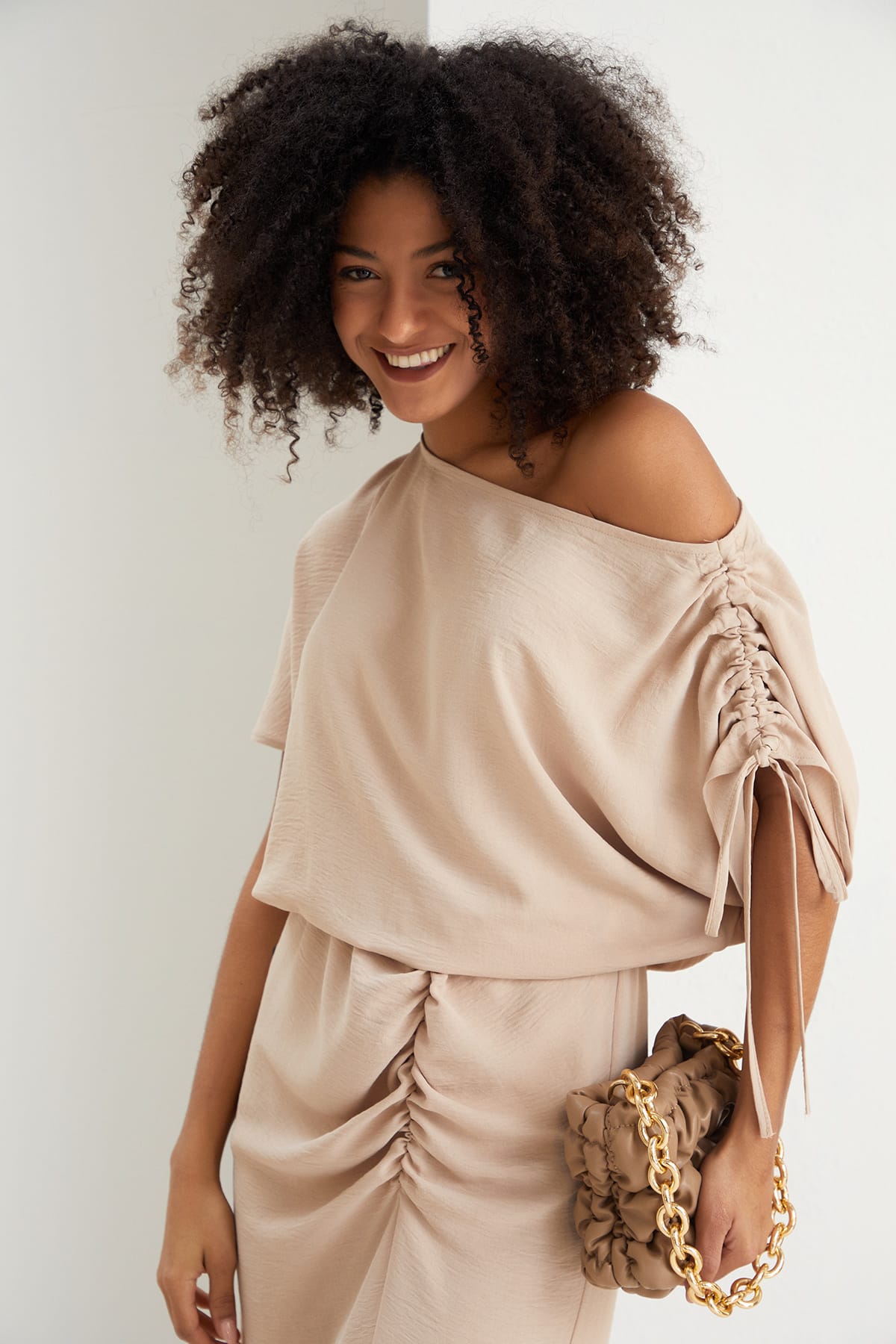 Off Shoulder Beige Midi Dress | Elegant Ruched Midi | Size 14