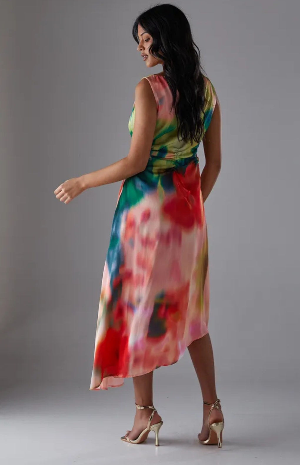 Warehouse
Printed Satin Sleeveless
Knot Front Asymmetric
Hem Midi Dress | Size 8