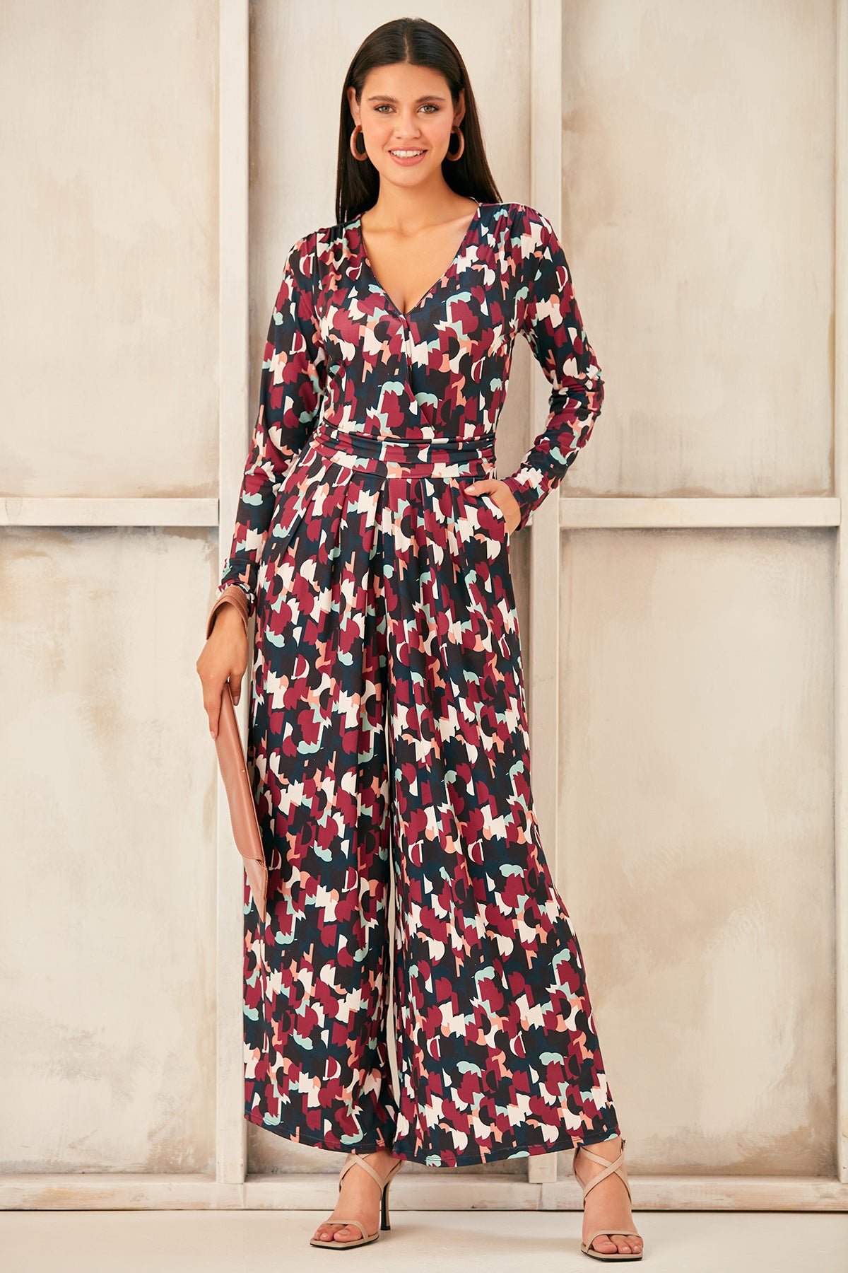 Wrap, Cullotte Jump Suit in Burgundy Geo Print  Size 10