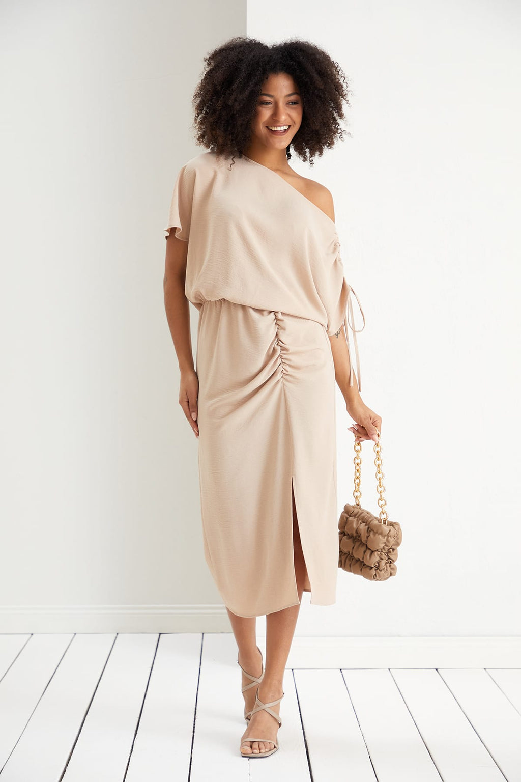 Off Shoulder Beige Midi Dress | Elegant Ruched Midi | Size 14